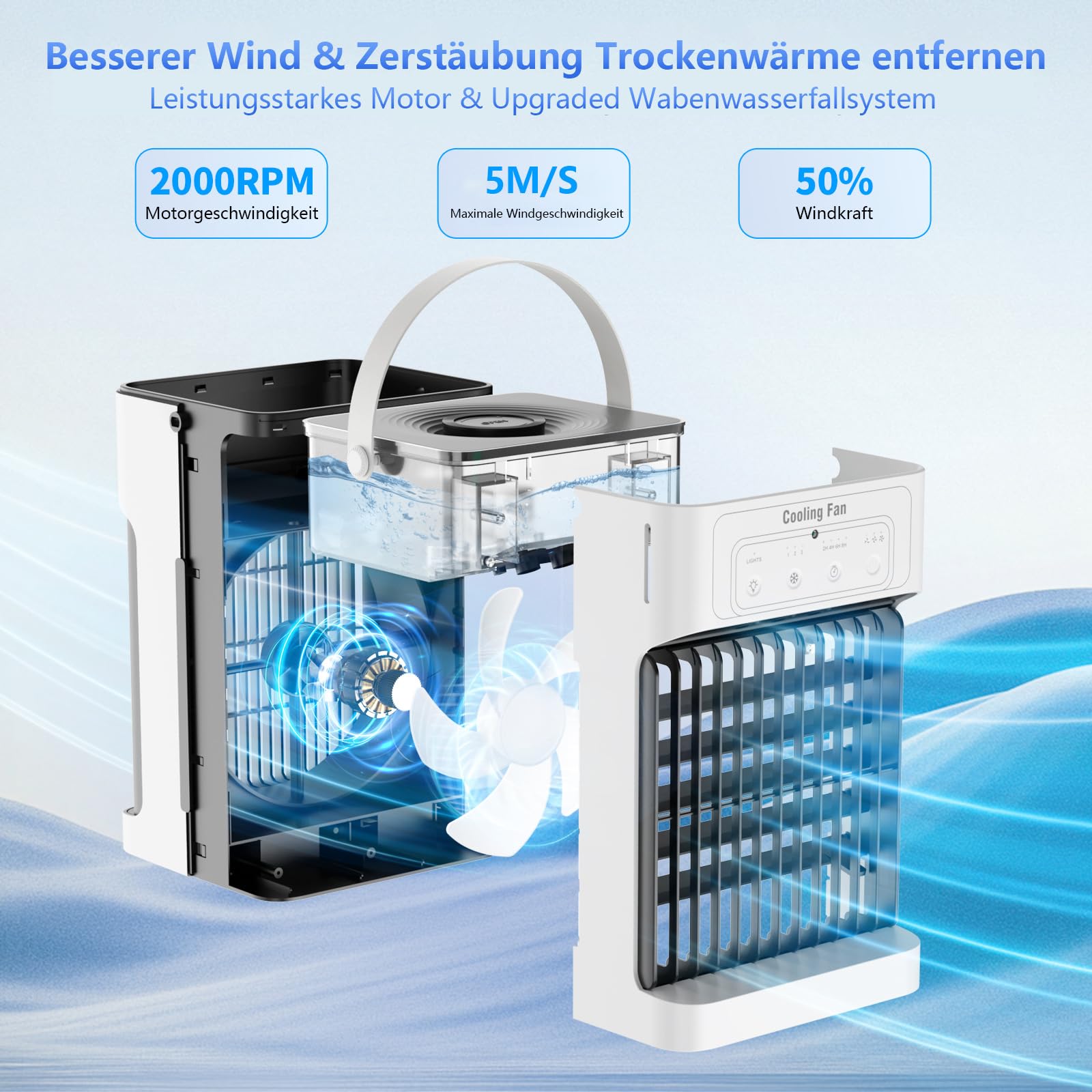 Mobile Klimaanlage,Mini Luftkühler mit Wasserkühlung und 1100ML Wassertank, 3 Luftgeschwindigkeiten & 3 Kühlnebel, 2-8H Timer & 7 LED Mobiles Klimagerät für zimmer,Wohnungen und Büro