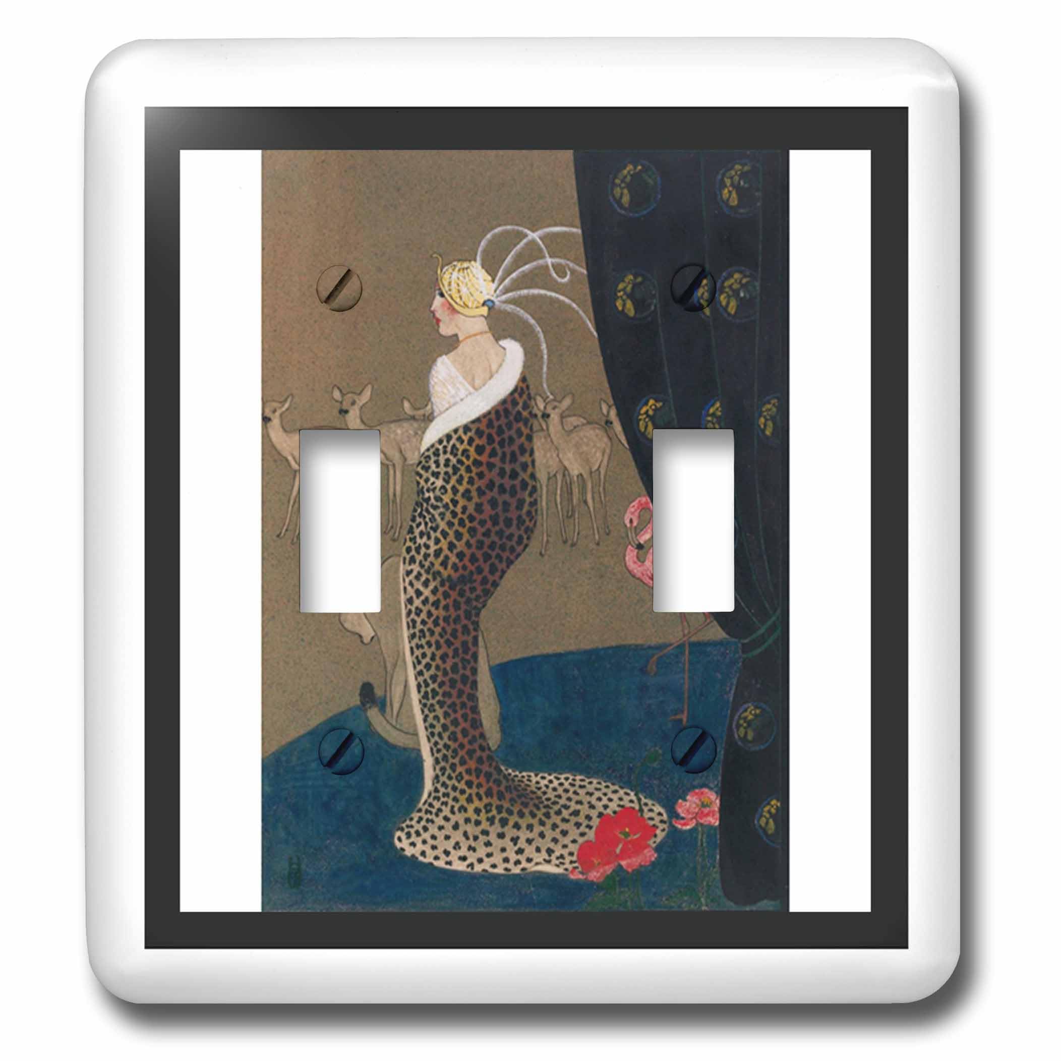 Conmutador doble 3dRose lsp_223023_2 con impresión Wpa Art Deco de mujer con abrigo de guepardo