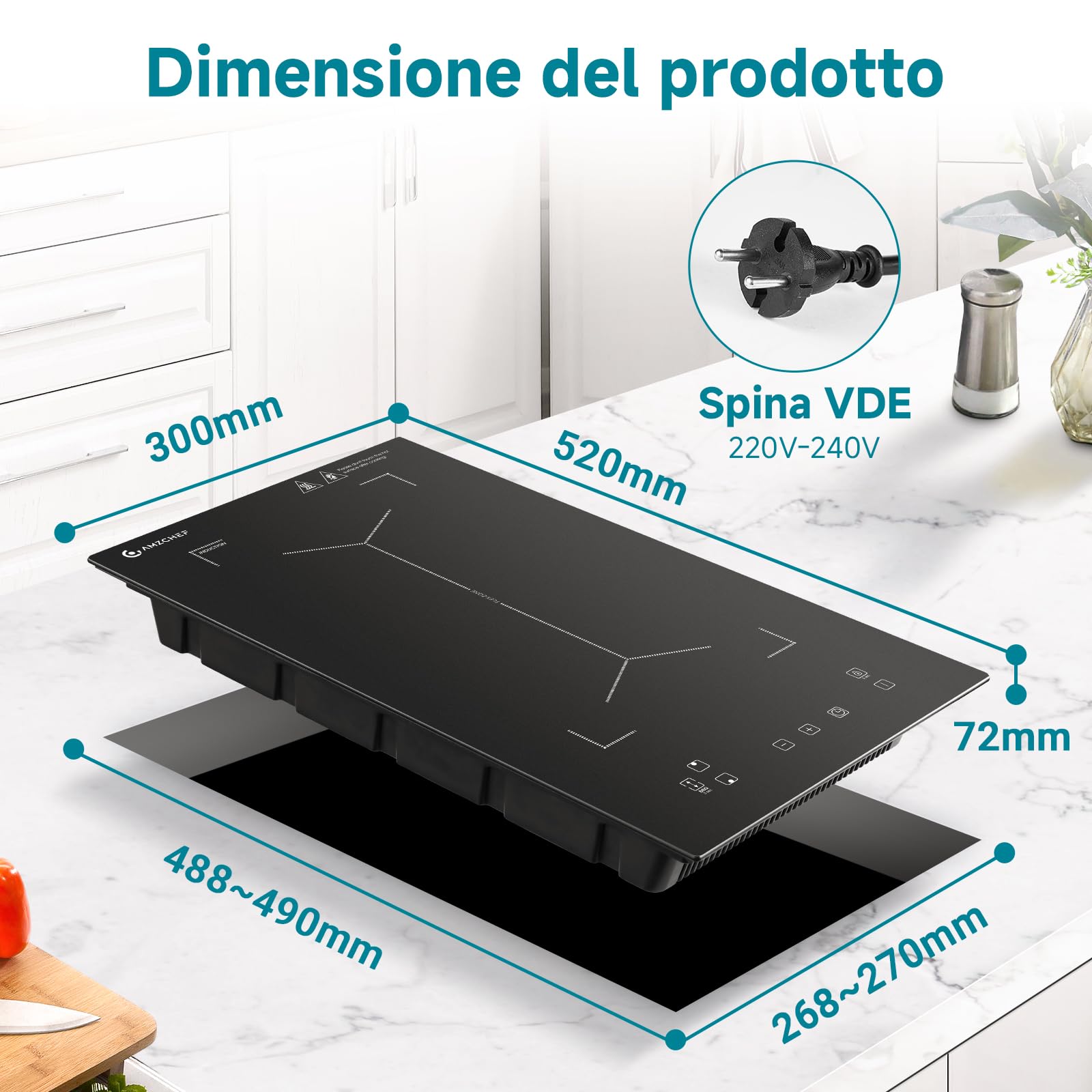 AMZCHEF Piastra Induzione 2 Fuochi, Piano Cottura Induzione con Flex zone con 9 Livelli di Potenza, Riscaldamento Intermittente, Serrature di sicurezza e timer,Controllo Touch Slide,3300W,Nero
