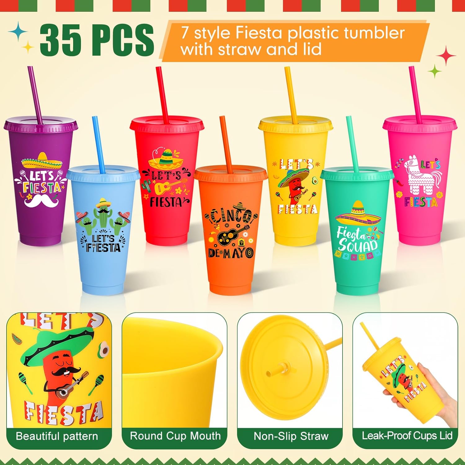35 Pcs Fiesta Tumbler with Straw and Lid 24 oz Mexican Water Bottle Iced Coffee Travel Mug Cup Reusable Plastic Cups for Cinco De Mayo Party Decorations Fiesta Taco Birthday Party
