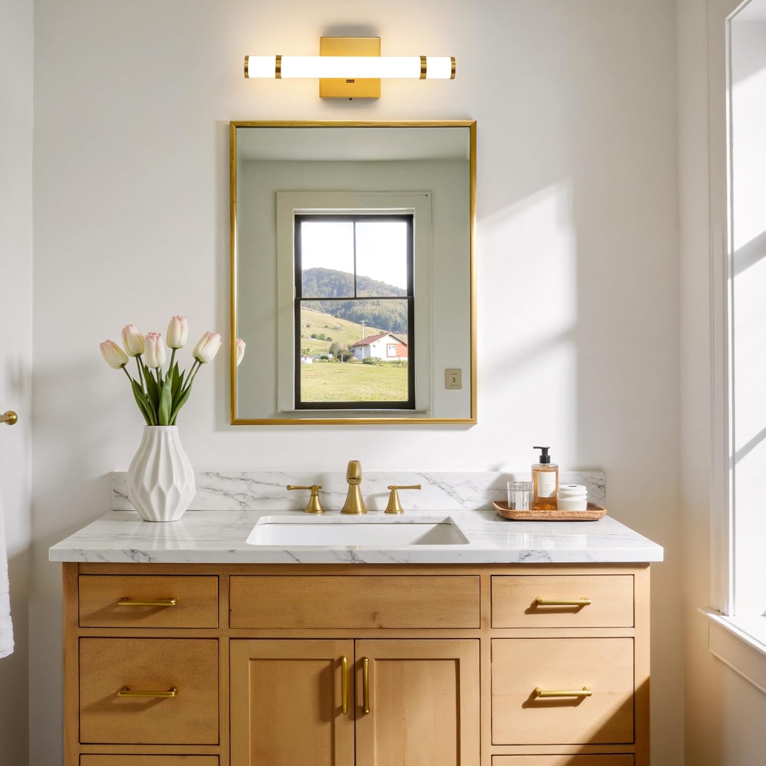 Gold Bathroom Vanity Light - 15.4 Inch LED Modern Bathroom Light Fixtures Over Mirror with Acrylic Shade 10W Dimmable 5CCT Bathroom Sconces Wall Lighting (Built-in Dimmer)
