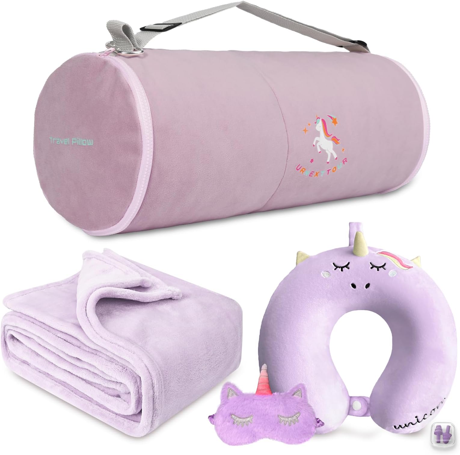 Kids Travel Blanket and Pillow- Premium Soft Purple Airplane Blanket with Adjustable Travel Bag, Hand Luggage Belt Compact Pack Large Blanket for Car, Road Trip, Home Use (60"*41" in)