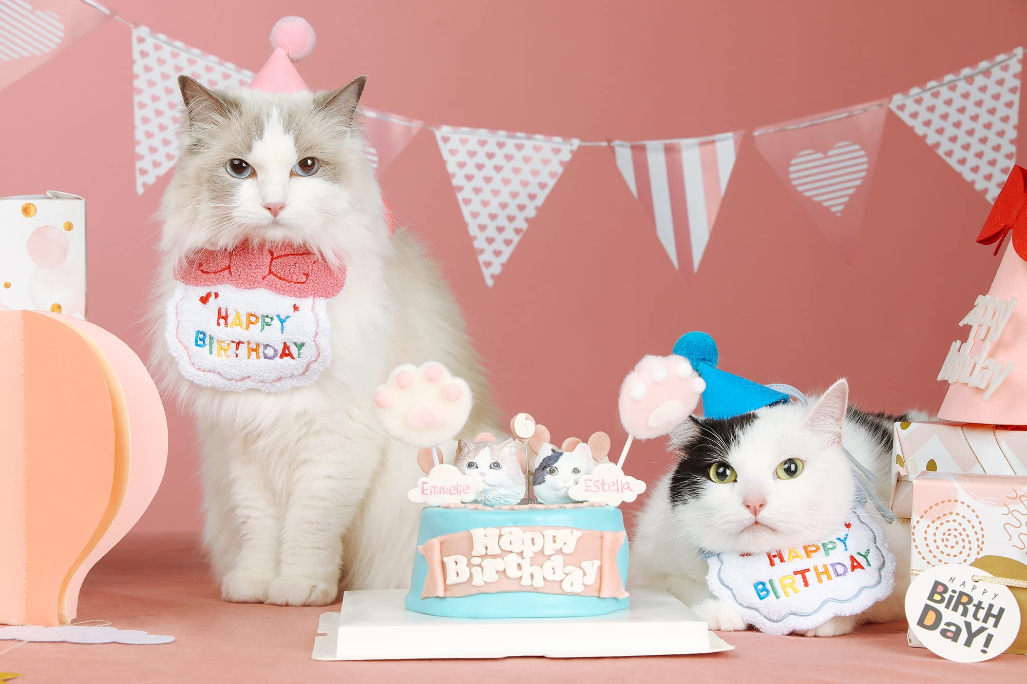 Katzen-Geburtstagsparty-Set, 3-teilig (rosé), Mit Lätzchen, Hut & Banner