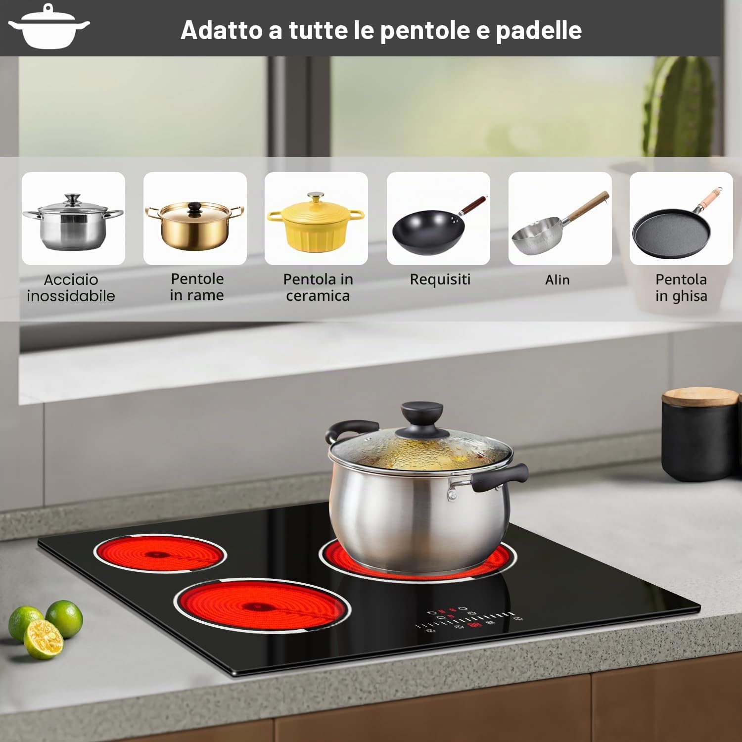 Piano Cottura Vetroceramica 3 Fuochi Incasso 5200W, Jessier Piastra Cottura Elettrico 9 Livelli Potenza, Funzione di Pausa, Timer, Controllo Touch, Serratura per Bambini, Nero (Nessuna Spina)