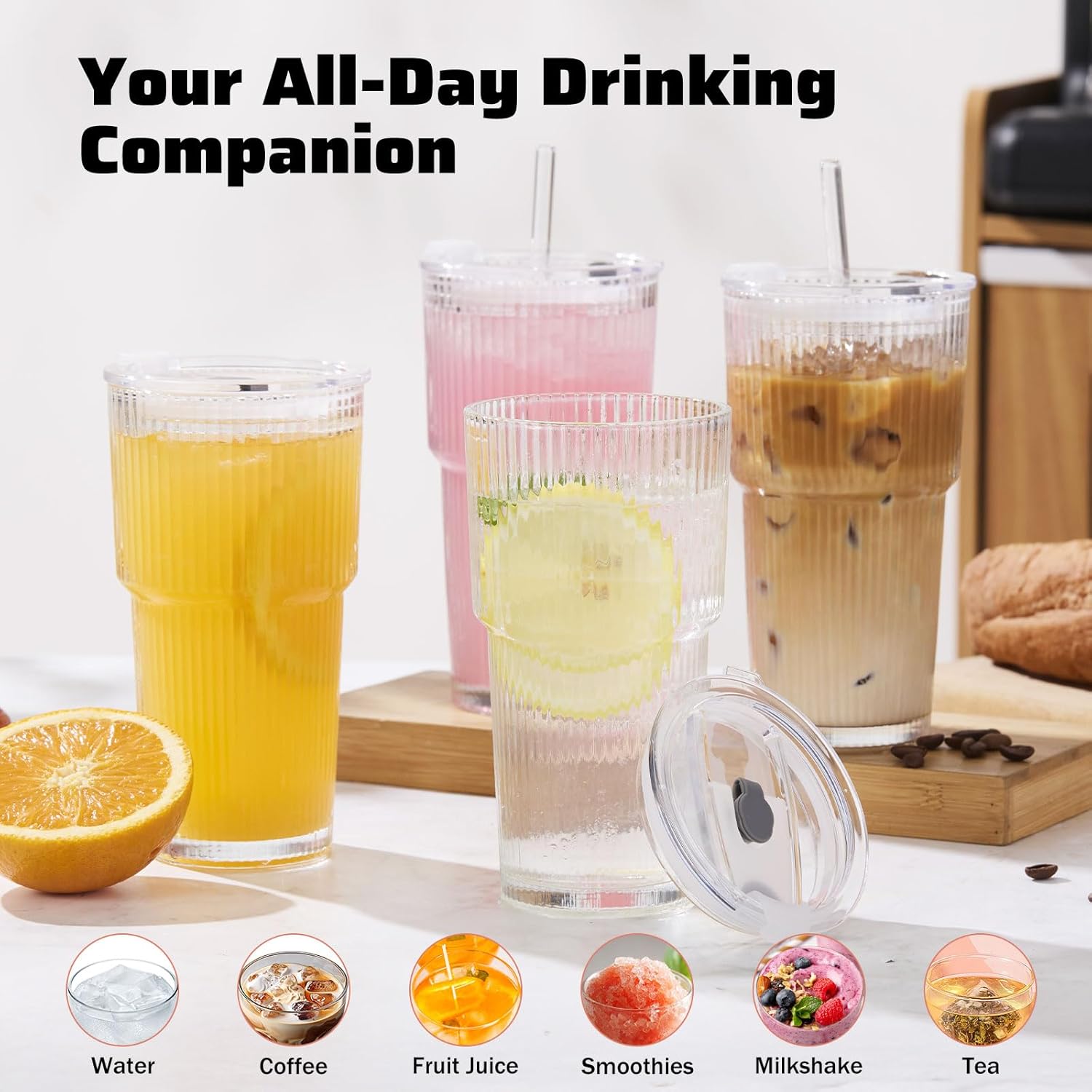 GOSCHE 20oz Glass Tumblers with Straws and Lids, Ribbed Iced Coffee Cups Leak-proof, Dishwasher Safe, Thickened Glass Cups with Lids Ideal for Coffee and Travel, Clear, 4 Pack - Image 7