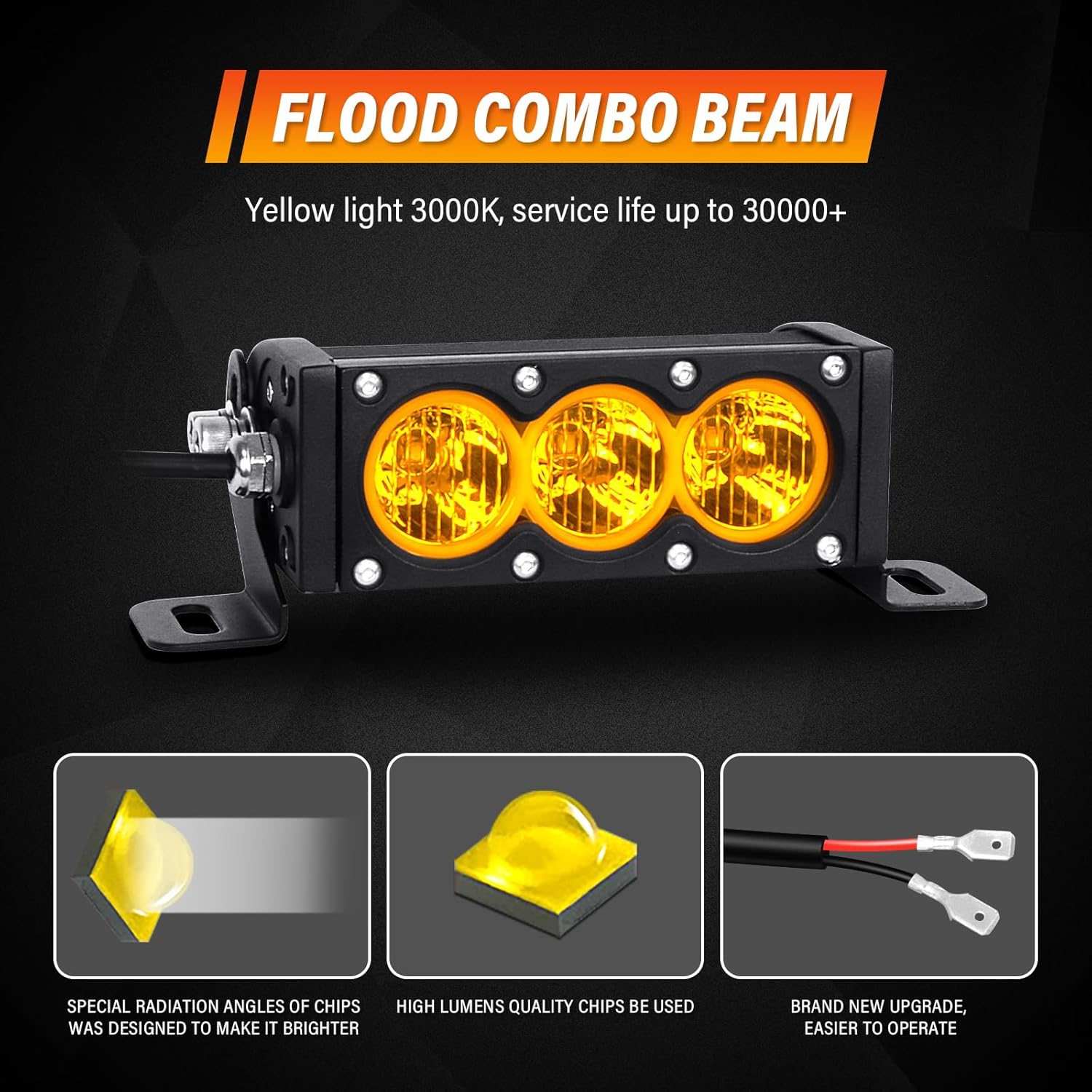 RIGIDON 6 Inch 30W Single Row LED Light Bar with Wire Harness, Amber Flood Beam 3000LM Off-road Light Driving Boat LED Fog Work Light for Trucks ATVs UTVs SUVs Car