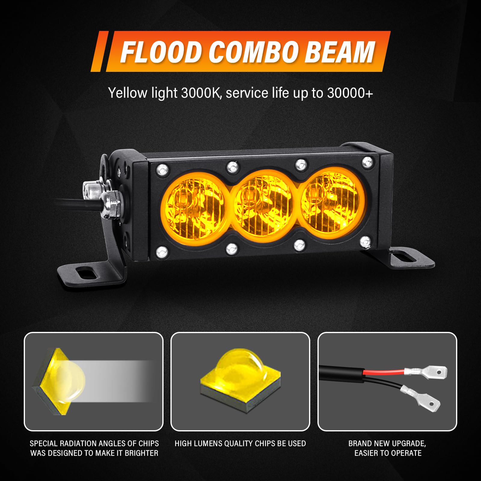 RIGIDON 1 x 6 cali 19 cm 30 W listwa Led 4x4 z zestawem przewodów 12 V, listwa świetlna led do pojazdów offroad samochodów ciężarowych ATV, bursztynowe światło przeciwmgielne, pasek Led Bar, 2 lata