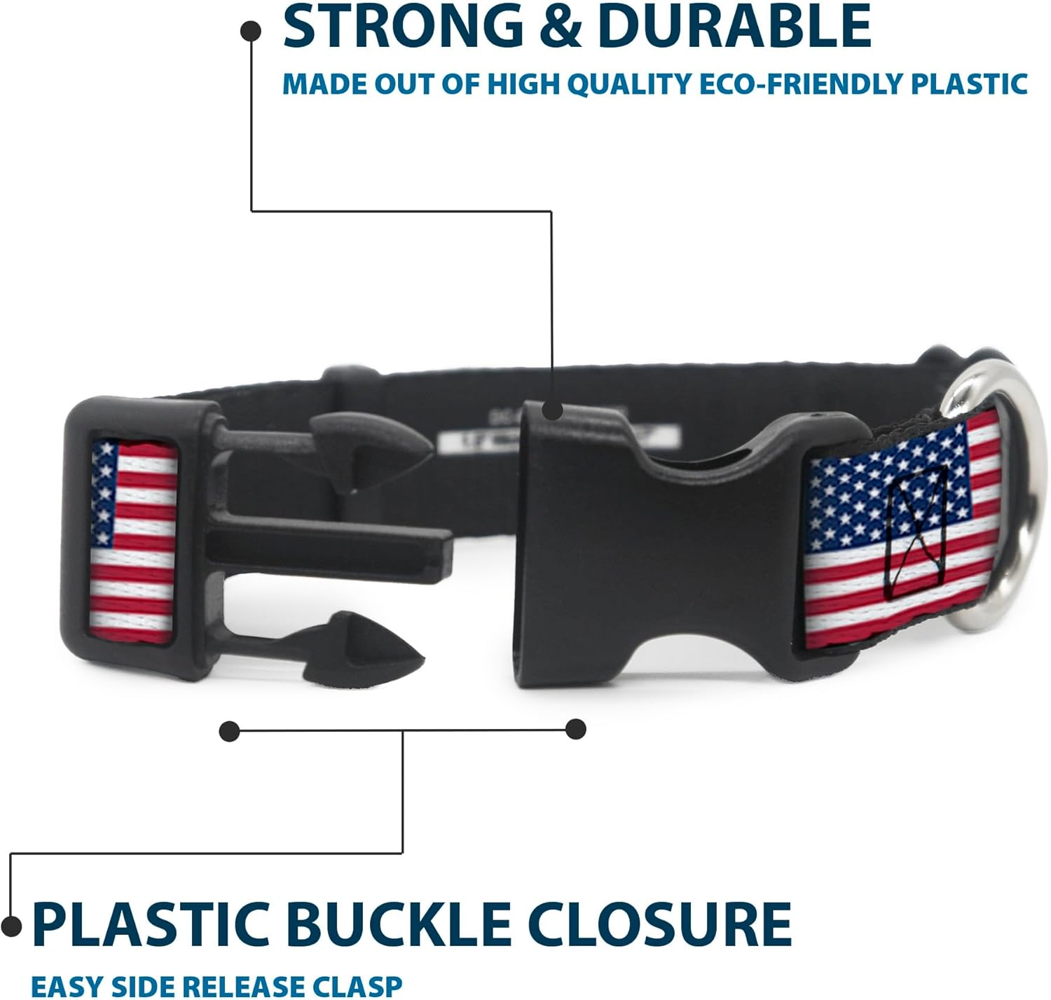 Buckle-Down Plastic Clip Collar - United States Flags - 1.5" Wide - Fits 16-23" Neck - Medium