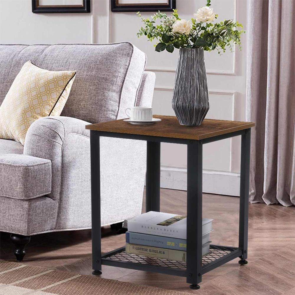 BAKAJI Tavolino Divano Tavolo caffè da Salotto Quadrato Design Moderno Industriale Struttura in Metallo con Ripiano Inferiore Piao d'appoggio in Legno MDF Scuro Dimensione 40 x 45 cm