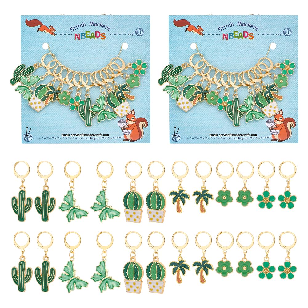 Nbeads 24 Marqueurs Points à Thème Vert - Cactus, Fleur, Cocotier, Papillon En Alliage Émail Avec Cerceau Inox