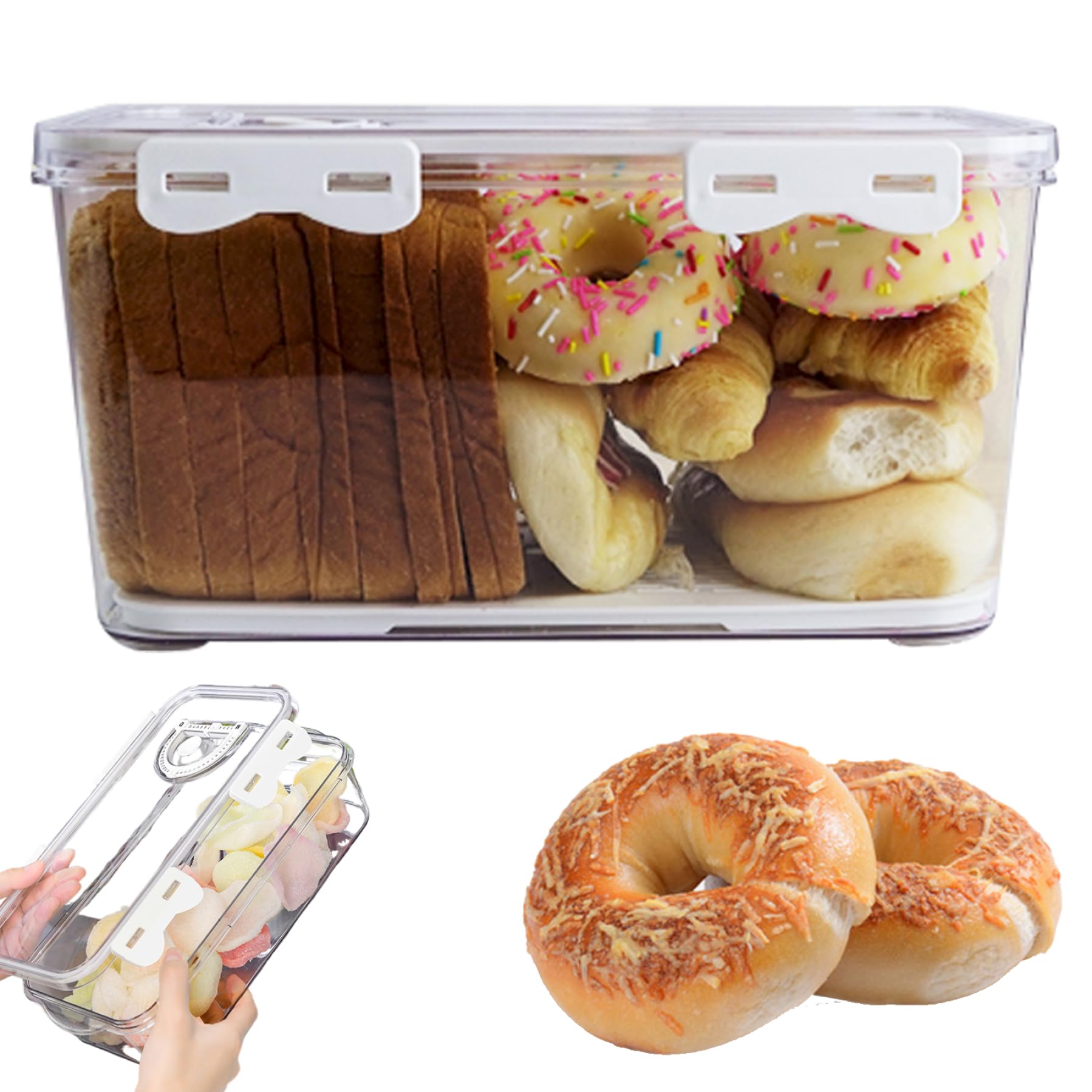 Caja de pan 13x8x3in contenedor de pan de mascotas a prueba de polvo transparente para panes caseros y de panadería con recipientes de almacenamiento de alimentos para el refrigerador de la tap