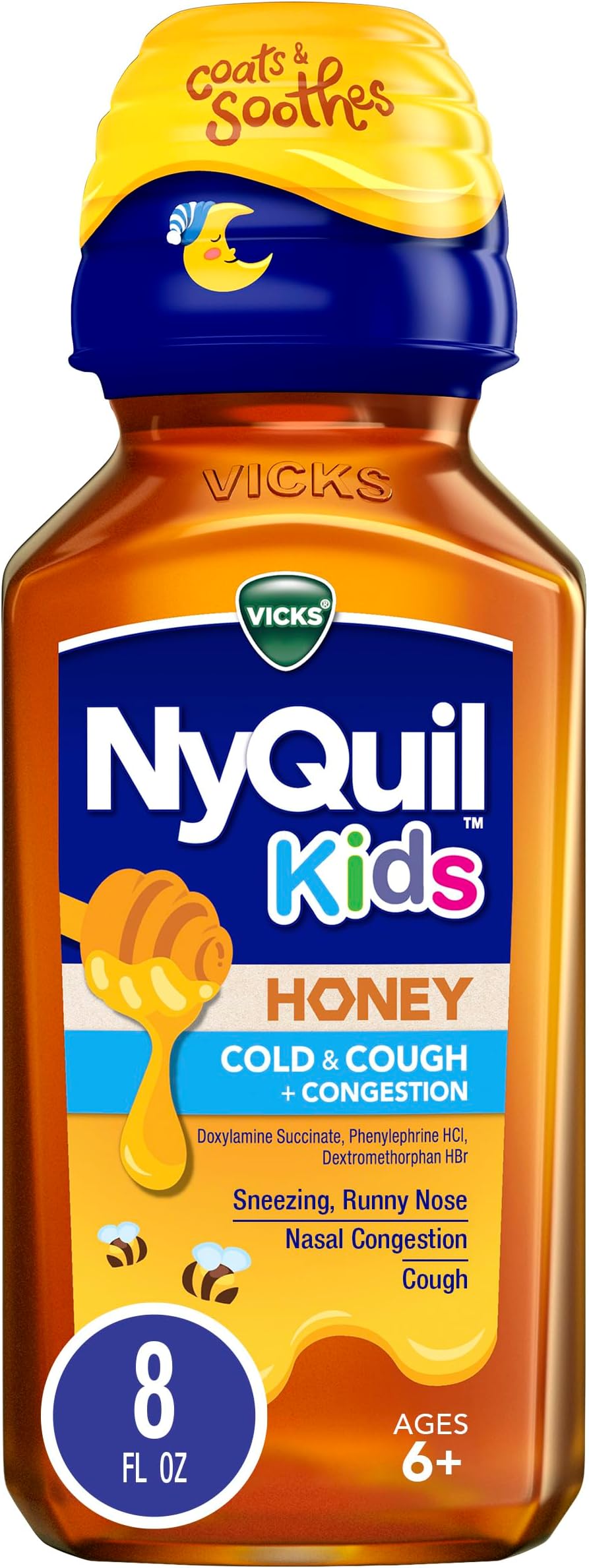 Vicks Kids NyQuil Honey Cold & Cough + Congestion Relief for Nighttime Sneezing, Runny Nose, Nasal Congestion & Cough, Flavored with Real Honey, for Children Ages 6+, 8 FL OZ