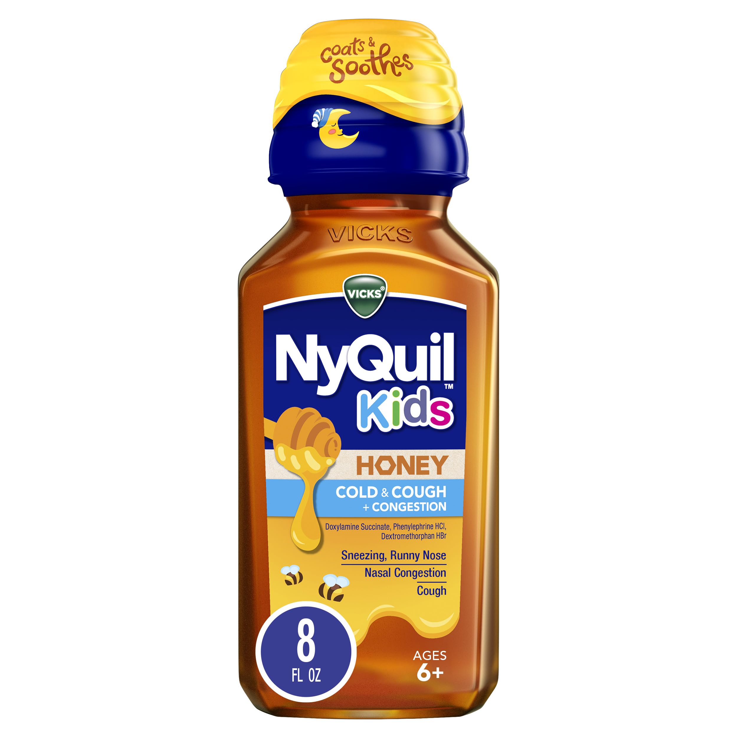 Kids NyQuil Honey Cold & Cough + Congestion Relief for Nighttime Sneezing, Runny Nose, Nasal Congestion & Cough, Flavored with Real Honey, for Children Ages 6+, 8 FL OZ