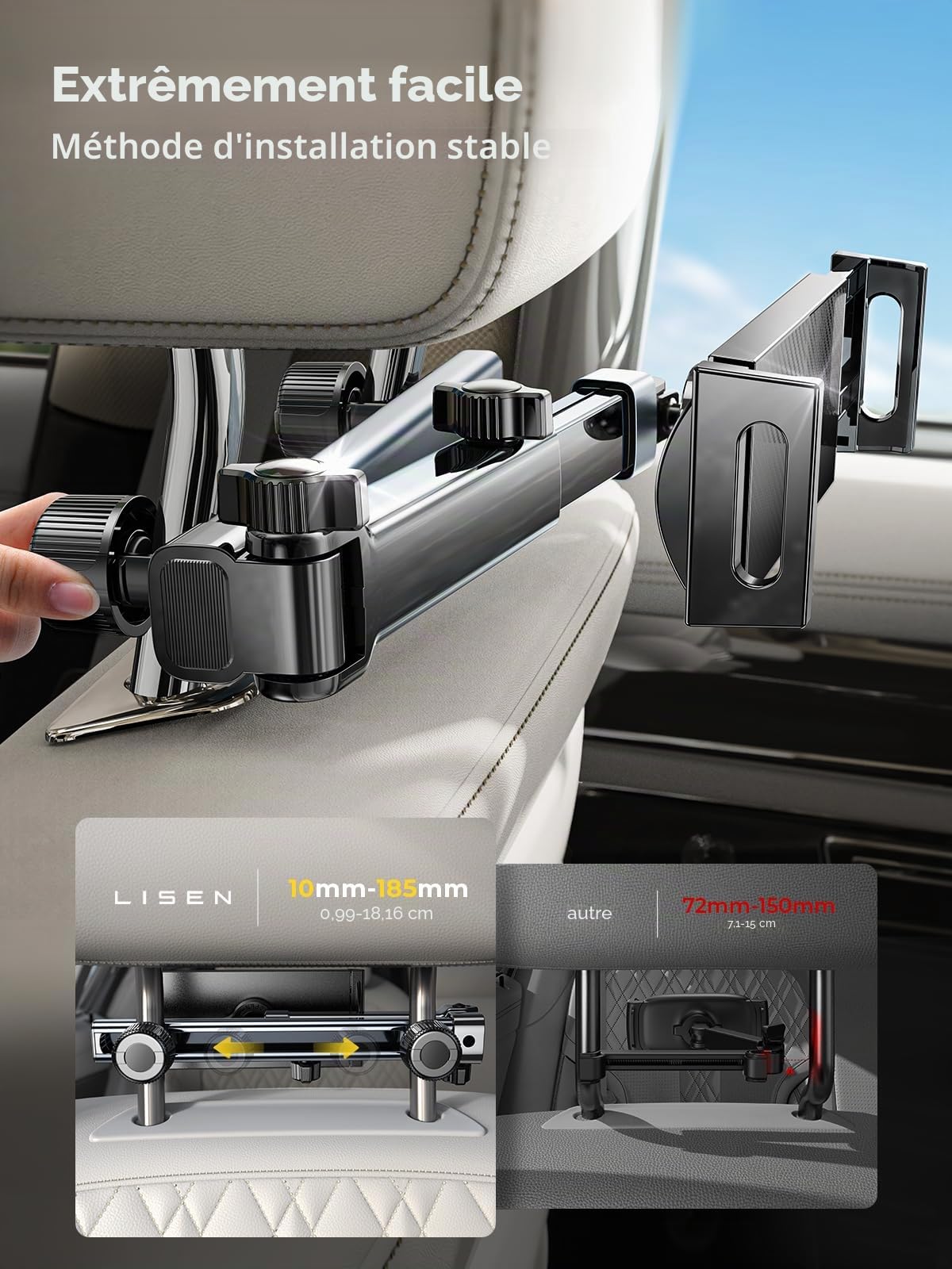 LISEN Support Tablette Voiture Porte Telephone Voiture pour iPad Air Pro Appuie Tete Voiture avec Bras Articulé, Rotation 360° Accessoire Car Interieur pour iPad, Sumsung Tab, Switch, Autre 4,7-11,9"