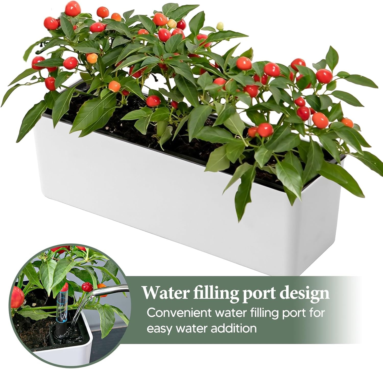 Rechteckiger selbstbewässernder Pflanzkübel mit Wasserstandsanzeige, Fensterkasten für Fensterbank, Garten, Pflanzen, Gemüse, Blumen, Weiß