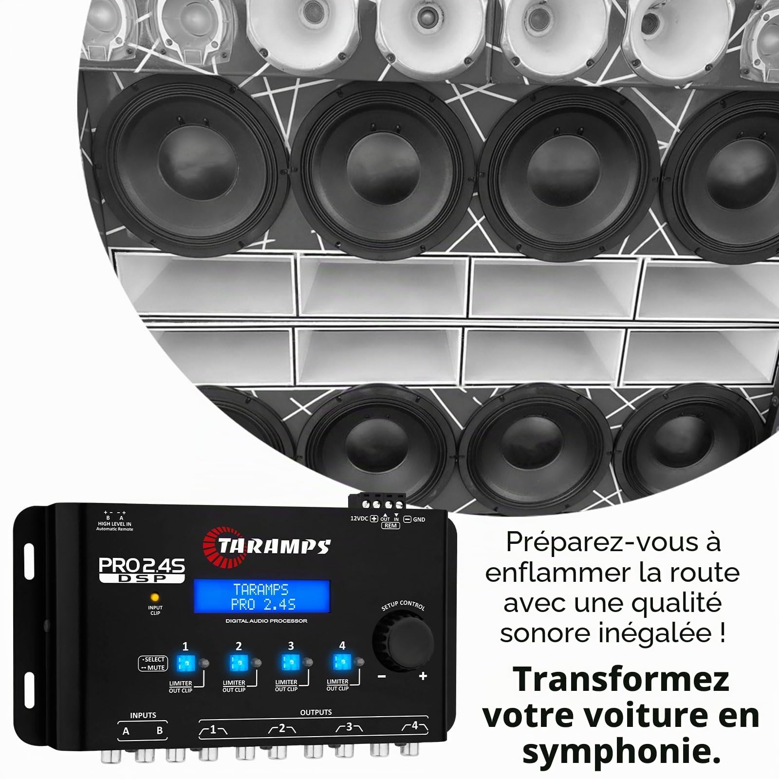 Taramps Pro 2.4S DSP Crossover Full Digital Signal Processeur et égaliseur avec séquenceur Égalisation Graphique 15 Bandes 12 prédéfinis EQ 2 canaux d'entrée et Sortie 4 canaux
