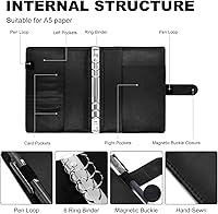 Vista 2 de Carpeta A5 con 6 anillos, mini carpeta de tarjetas fotográficas para papel de relleno A5, planificador personal de hojas sueltas con cierre de Negro