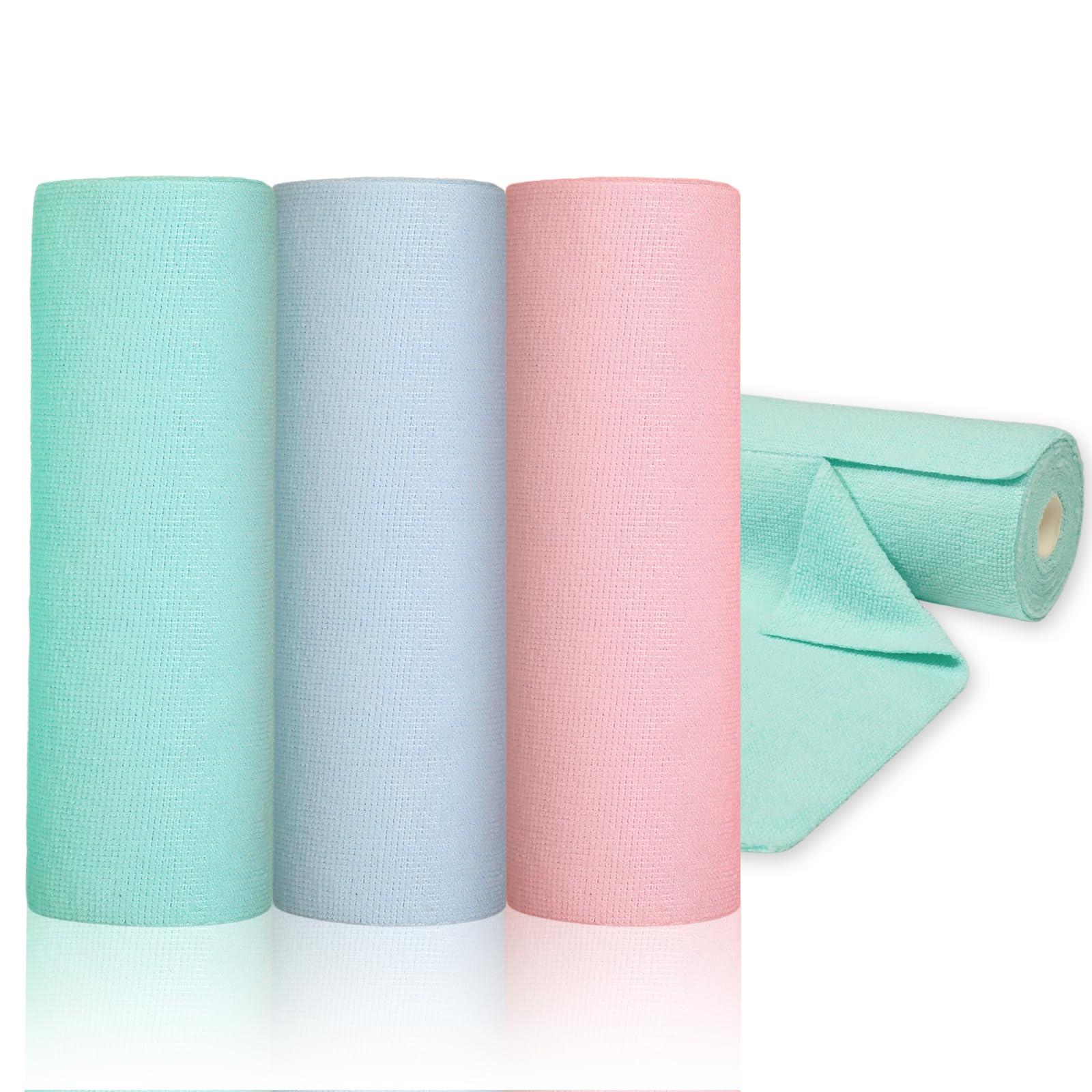 Romon Bayetas Microfibra, 60 Piezas Compacto Rollo de Paños Microfibras, 25x25cm Trapos Cocina Desprendible con Una Mano, Reutilizable hasta 50 Veces, para Cristales Hogar y Coche (Rosa, Cian, Azul)
