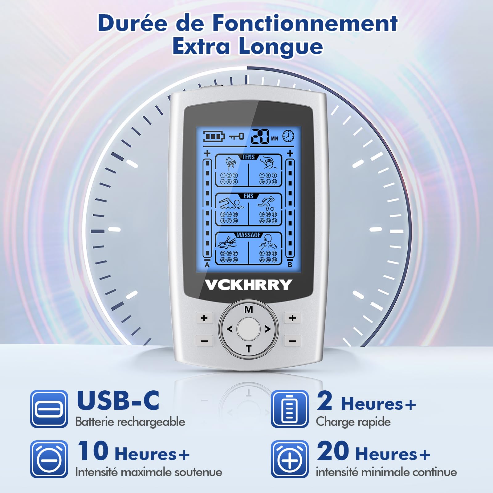 Électrostimulateur Musculaire 3 en 1 TENS EMS, Massage Relaxant | Entraînement Musculaire, 36 Programmes 2 Canaux Indépendants, Réutilisable 10 Électrodes, Facile à Emporter