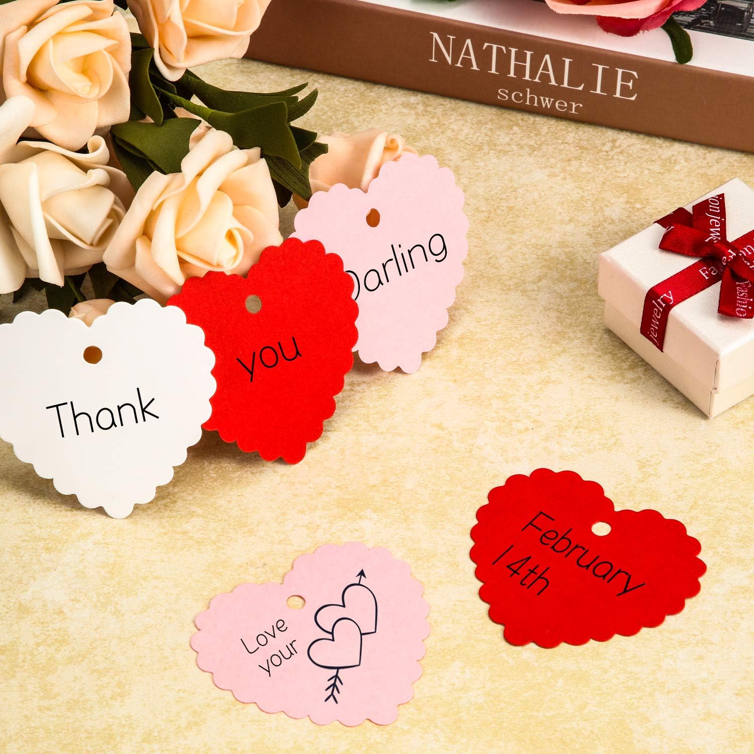 Outus 300 Pcs Valentine Heart Gift Tags with String Kraft Paper Hanging Tags Valentines Heart Gift Name Label Decoration for DIY Wrapping Wedding Party Supplies(Red, White, Pink)