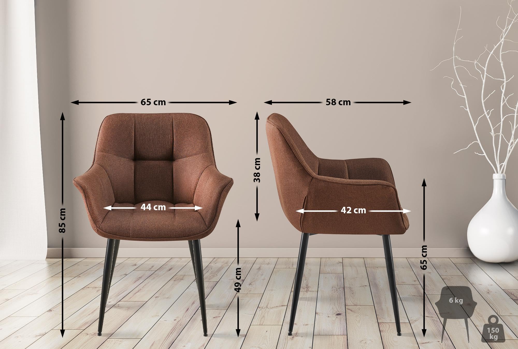 CLP Silla de Comedor Roseville tapizada & Acolchada I Butaca de salón Moderna con Base metálica & reposabrazos Color:marrón;Material:Tela