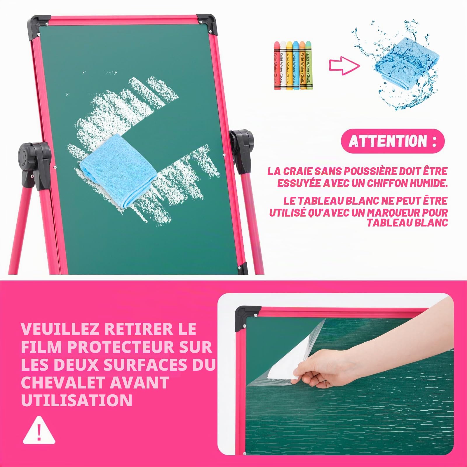 Chevalet pour Enfants, Enfant Chevalet avec magnétique/tableau blanc, Rotation à 360° pour les enfants à partir (rose)