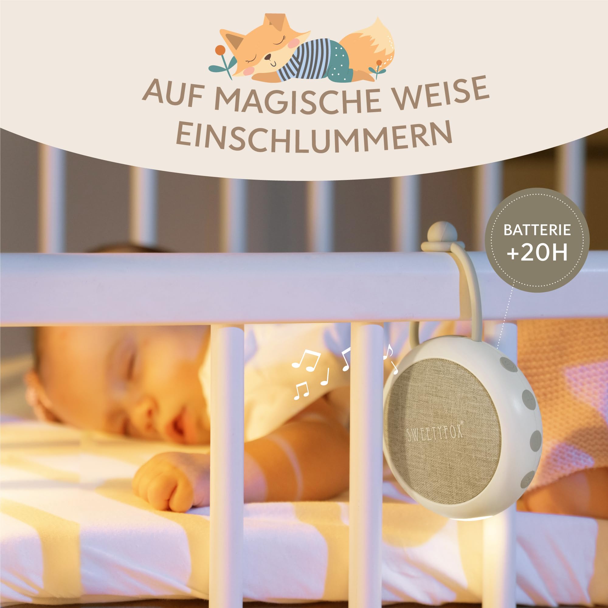 Sweety Fox White Noise Machine Baby - Weiß - Einschlafhilfe Babys, Wiegenlied, Nachtlicht und Weißes Rauschen Baby, 15 Klänge, USB Aufladbar