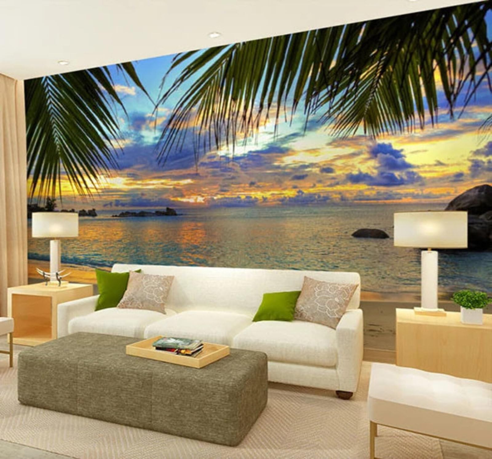 Wallpaper-3D-Xlm 250Cm×170Cm(B×H) Beautiful Sunset Sea Tree Shade Beach Scenery 3D Wallpaper Easy Install Feature Office Living Room Sofa Bedroom Tv Background Wall Decoration-250Cm×170Cm