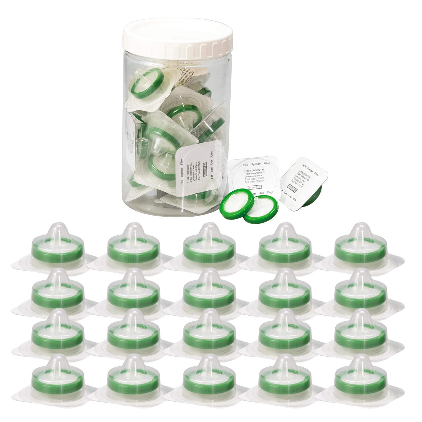 Filtro per siringa sterilizzato PES, confezione da 20, dimensione dei pori 0,45 um, diametro membrana 33 mm, filtrazione idrofila, sterile confezionato singolarmente