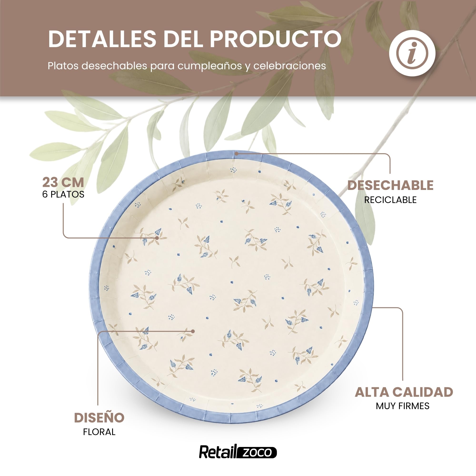 Platos de cartón, Platos Desechables cartón, Diseño Flores Azul, 6 Unidades - imagen 2