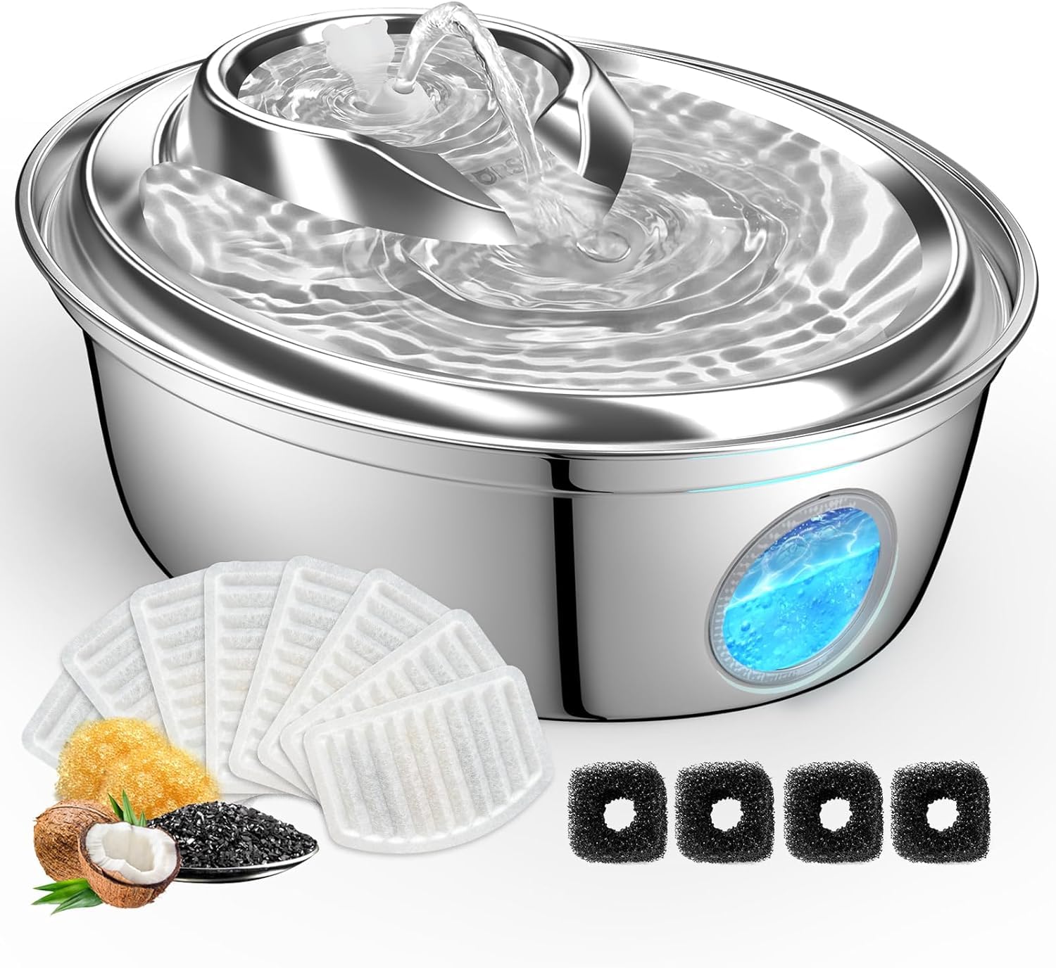 GoldenSun Fuente de agua automática para gatos, acero inoxidable, fuente de agua para gatos, 2 l, 12 filtros de carbón activo, apta para todos los tamaños de raza (D36)