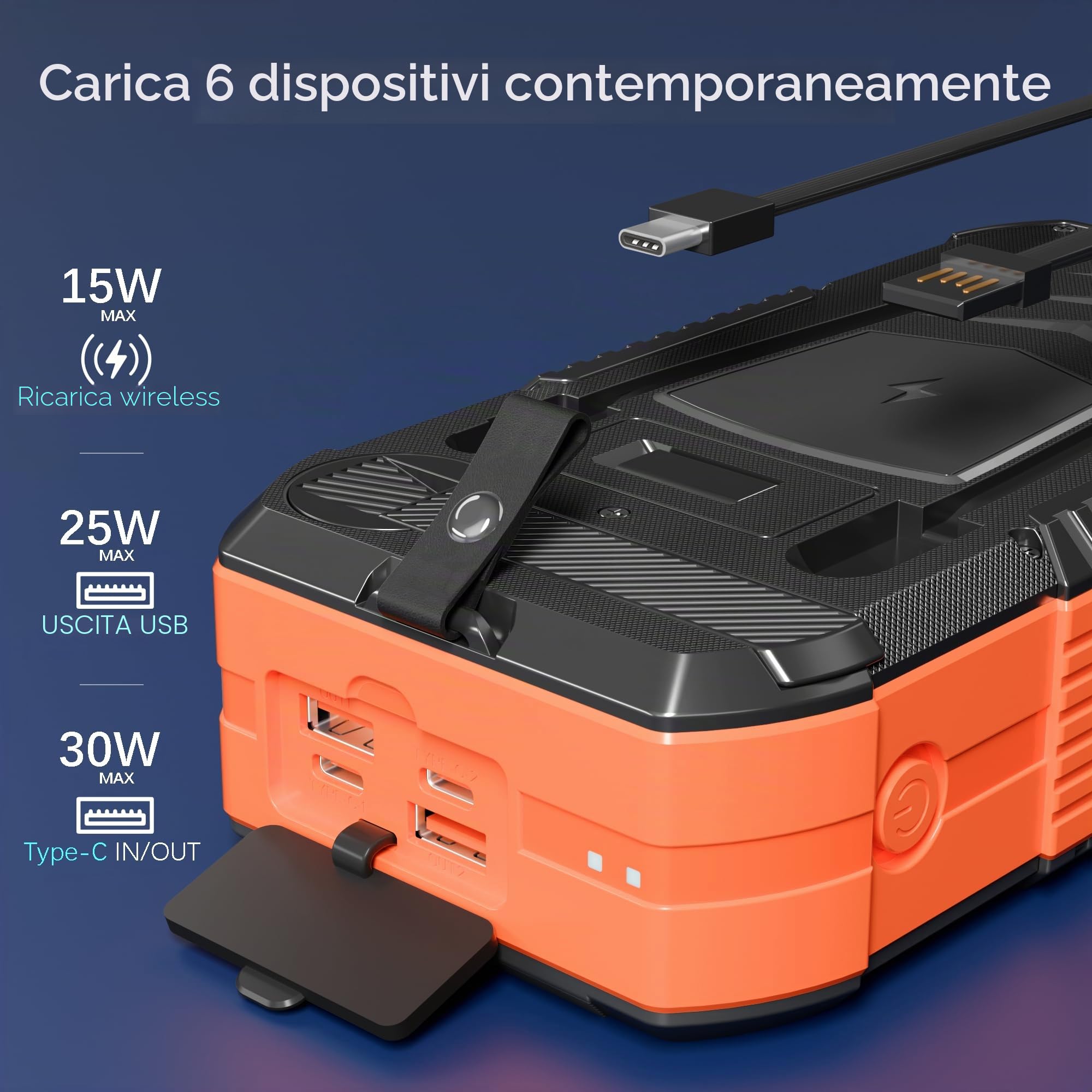70000mAh Power Bank Solare con Ricarica Wireless 30W PD Batteria Esterna Portatile con 6 Uscite,Torcia LED Bussola e Manovella di emergenza,Ideale per Campeggio e Attività Outdoor