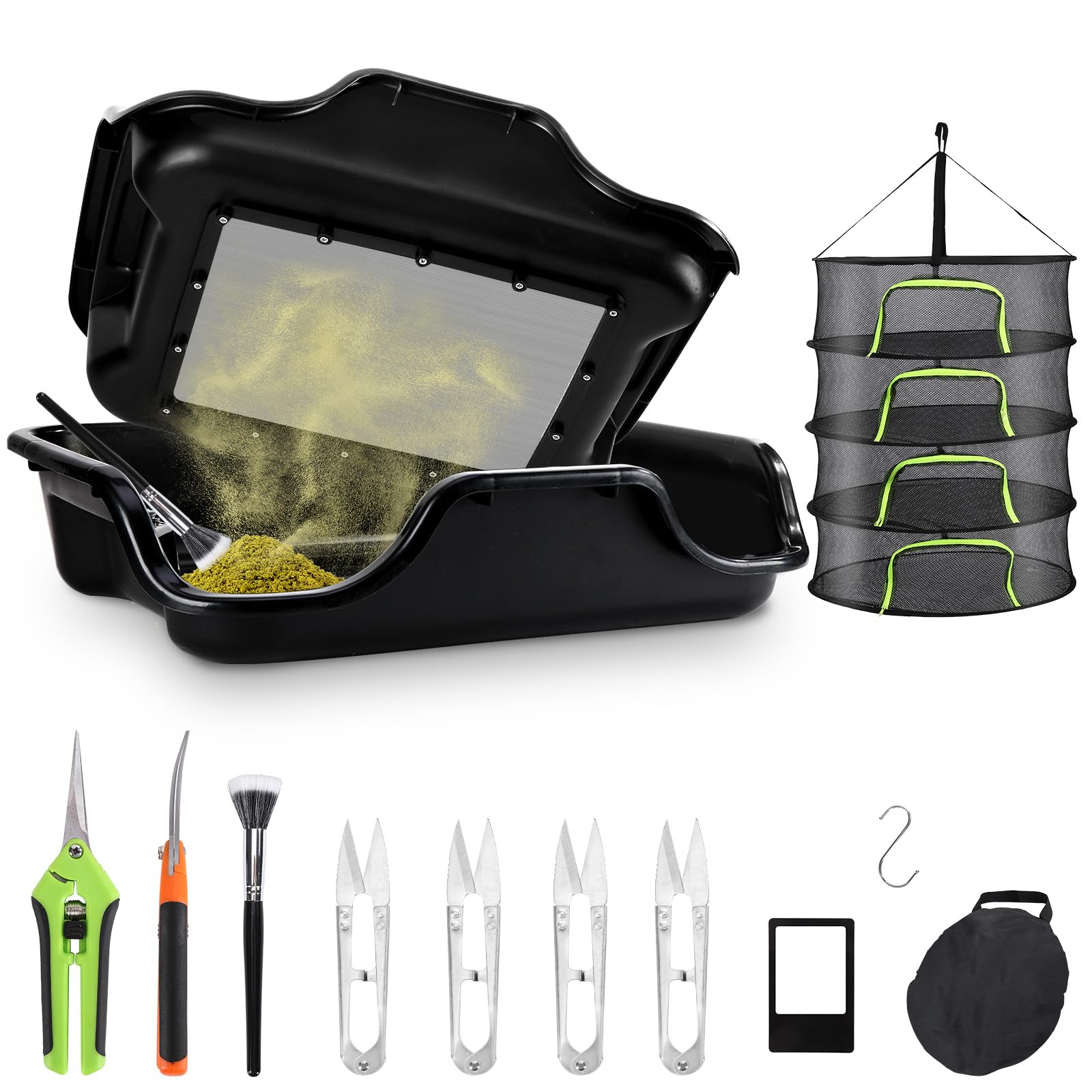 Premium Trim Bin Set 10 teiliges - Inkl. Trim Tray mit 150 Mikron Pollensieb, Trockennetz und Trimmscheren-Trimming Tray, Trimmschale, Trimm Tablett, Ernte Zubehör für Pollen and Herbs