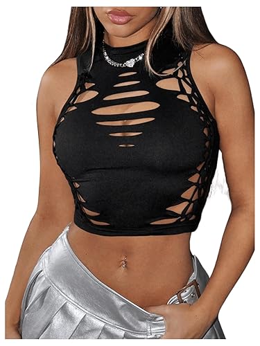 Floerns Women's Cut Out Ripped Y2k Crop Tank Top Sleeveless Mock Neck Rave Camisole - Medium - Black