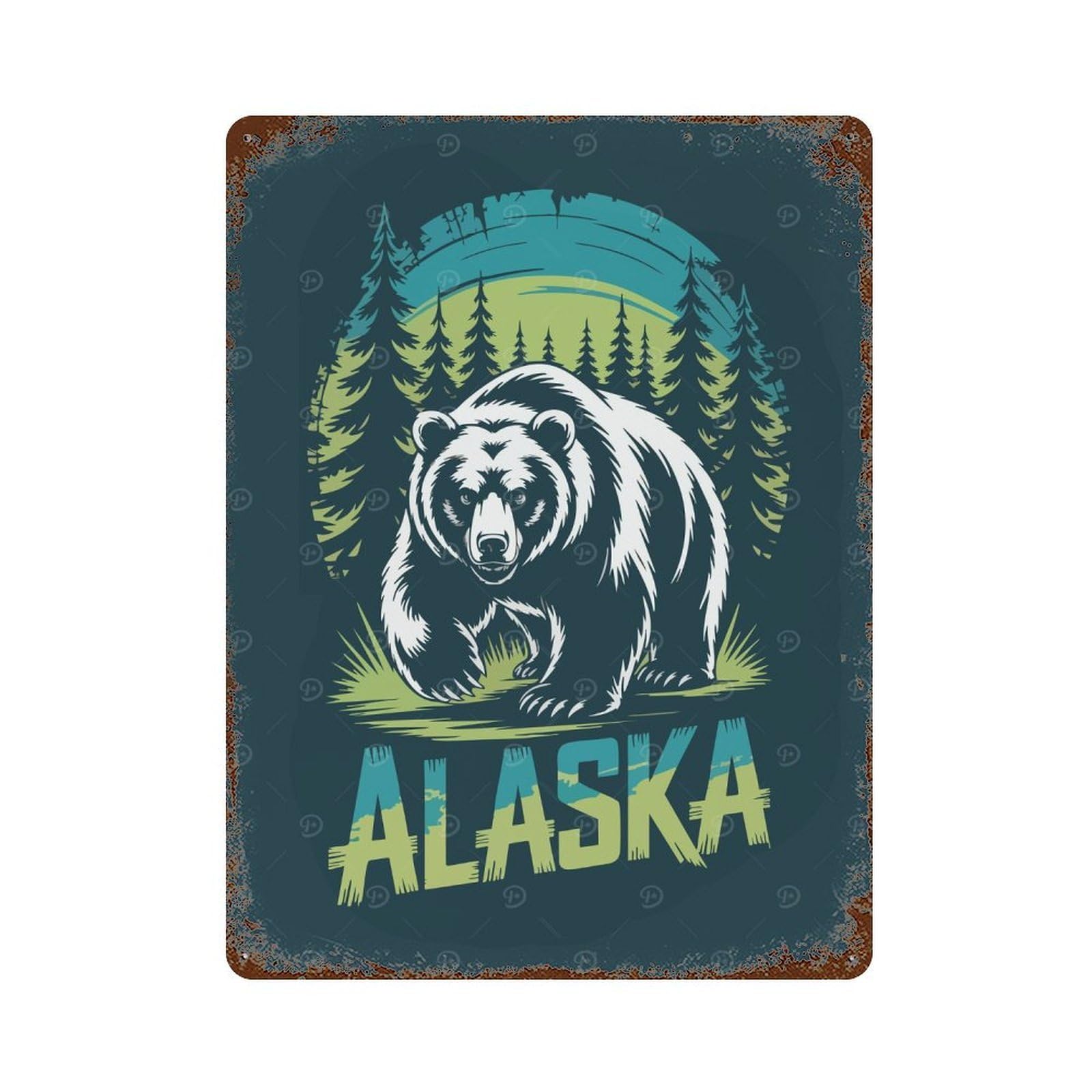 Alaska Bear Graphic Design 15.7"x11.8" Distressed Metal Wall Sign, Shabby Chic Decor for Shed, Workshop And Garage Wall Decor