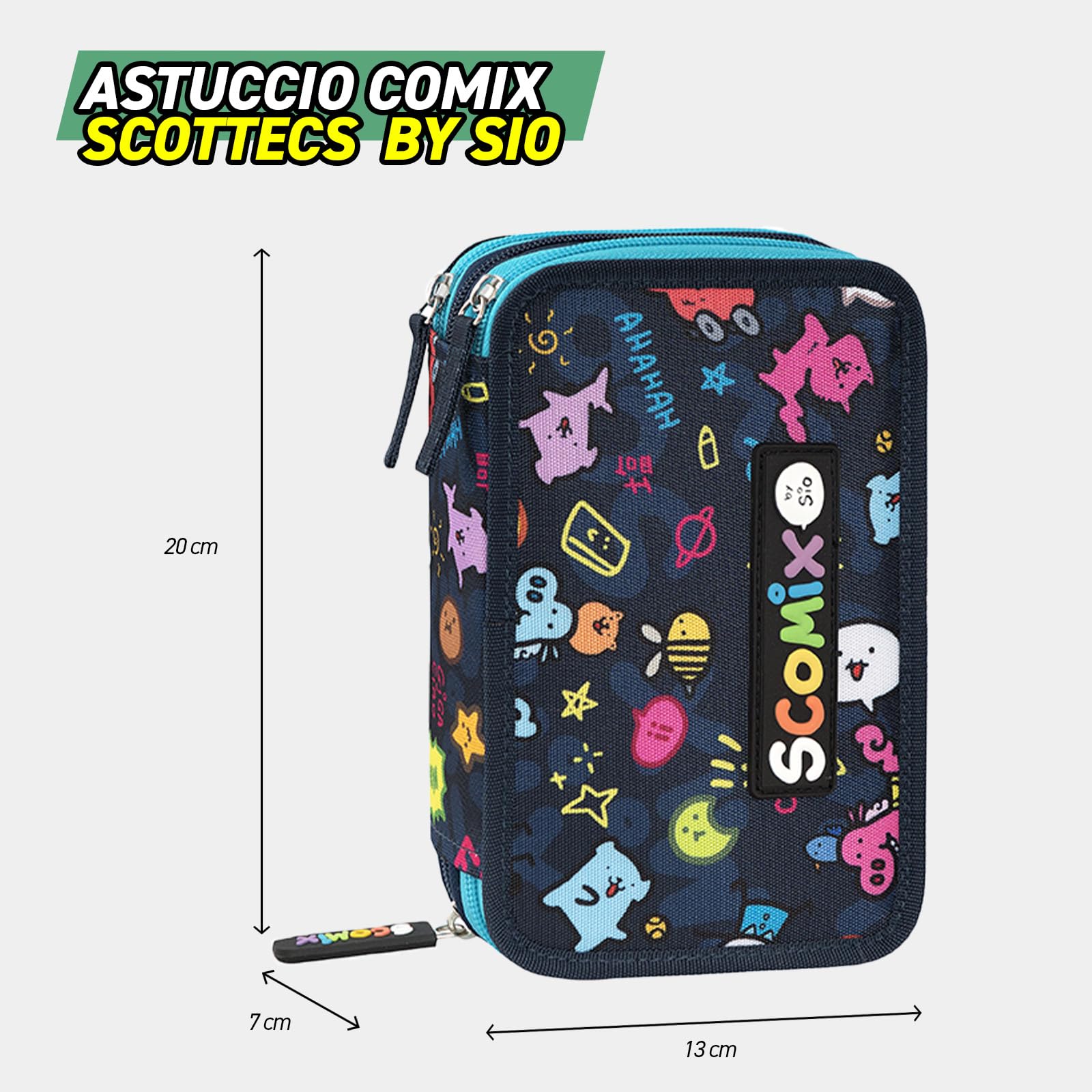 COMIX Scomix by Sio - Astuccio Scuola, Astuccio 3 Scomparti per Bambini e Ragazzi, con Set Cancelleria Incluso, 5 Etichette Adesive Portanome e Pratiche Chiusure a Zip, 20 x 13H x 7 cm, Blu