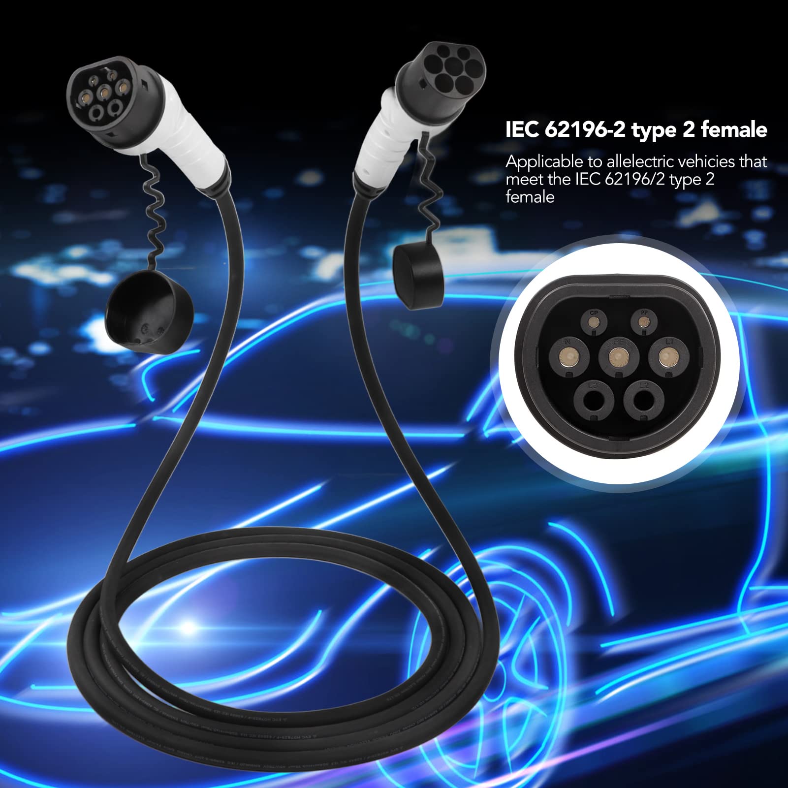 Cable de Carga EV Tipo 2 A Tipo 2, Cargador de Vehículo Eléctrico Portátil Trifásico de 32 A 22 KW con Tapas A Prueba de Polvo, Diseño de Curvatura en ángulo, para Automóviles