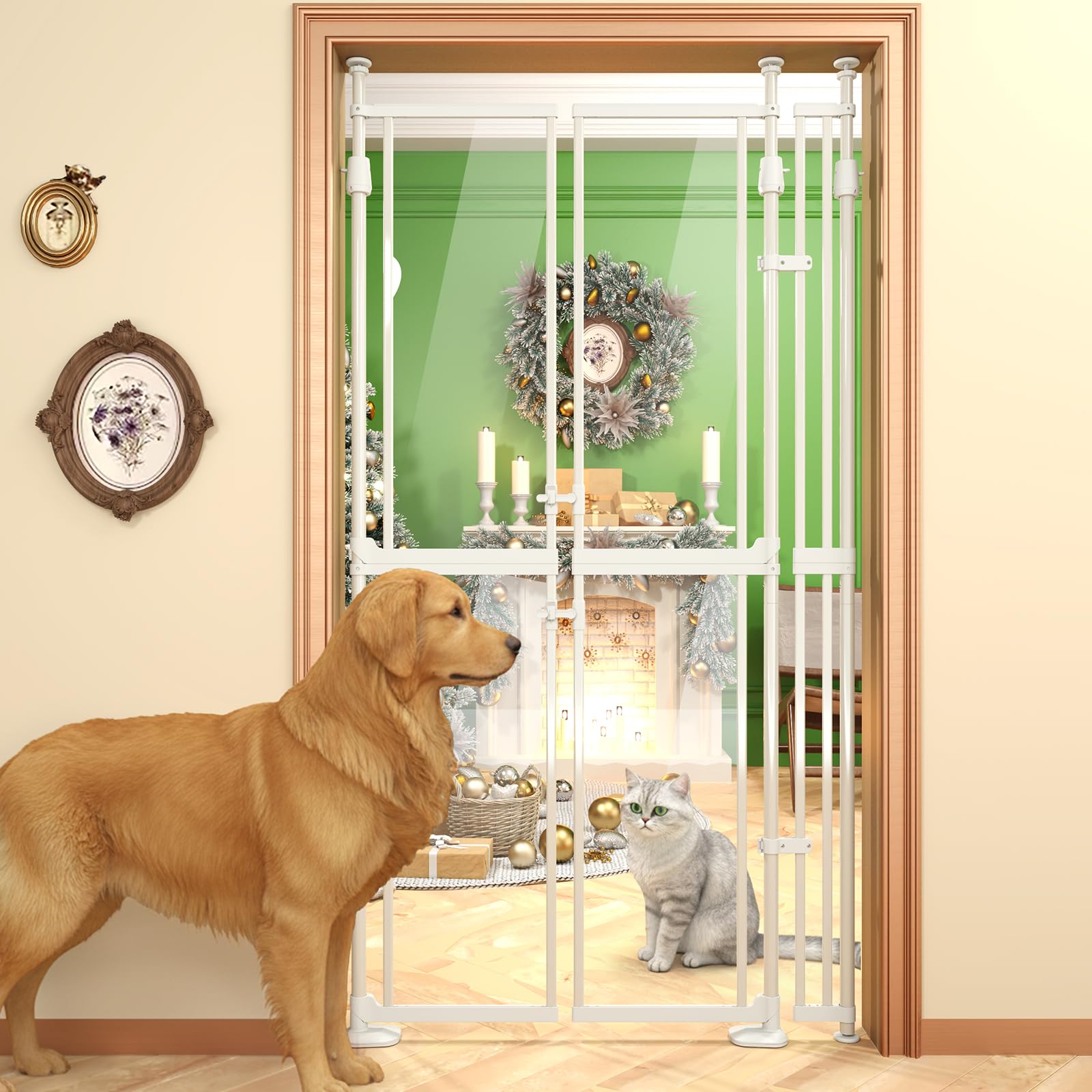 Photo 1 of 74"-98.5" Extra Tall Cat Gate for Doorway, Wide Adjustable 33.85-42" Clear Dog Gate Acrylic, Pressure Mounted Stairs, House, Innovation Double Opening Pet Gate,White