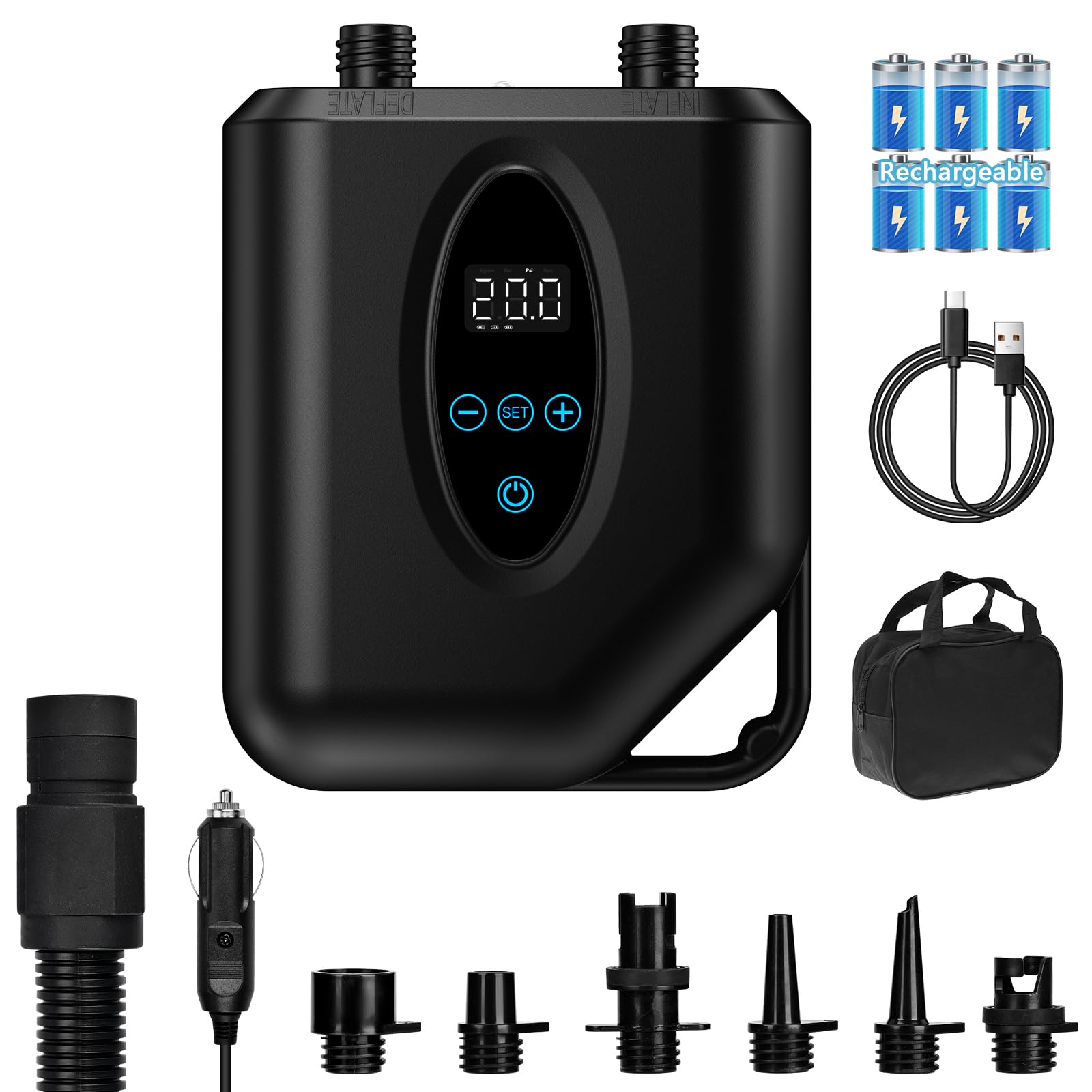 Pompe à air électrique, pompe de bateau gonflable, pompe de SUP 20 PSI 12 V DC avec fonction intelligente de désactivation automatique à deux étapes pour gonfler les planches de paddle, bateaux