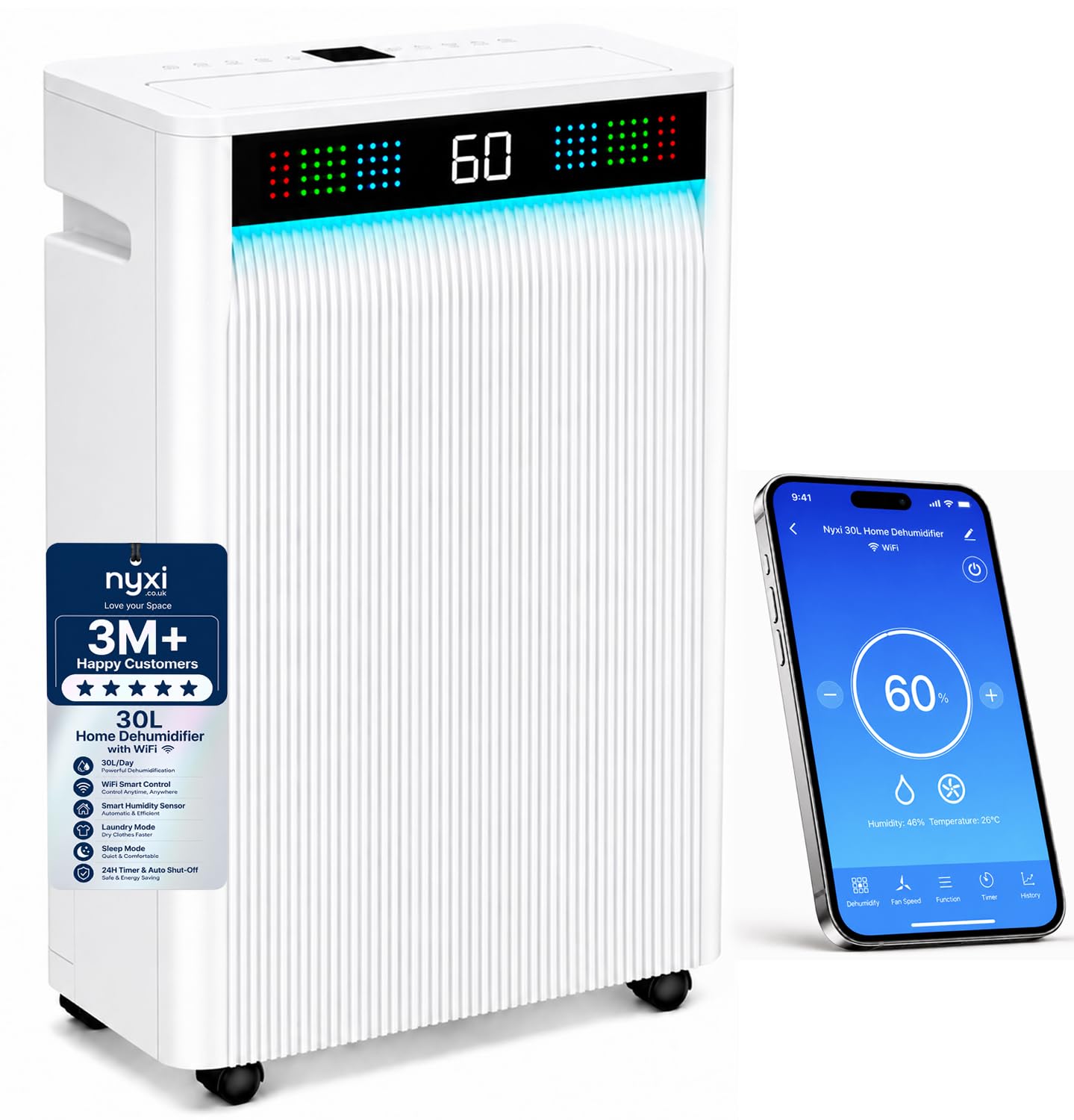 Nyxi 30L Dehumidifier with WiFi App and Voice Control, Active Carbon Filter, XL 6.5L Tank, Laundry Drying, 24Hr Timer, Quiet 42dB, Energy Efficient for Home Damp, Moisture & Mould