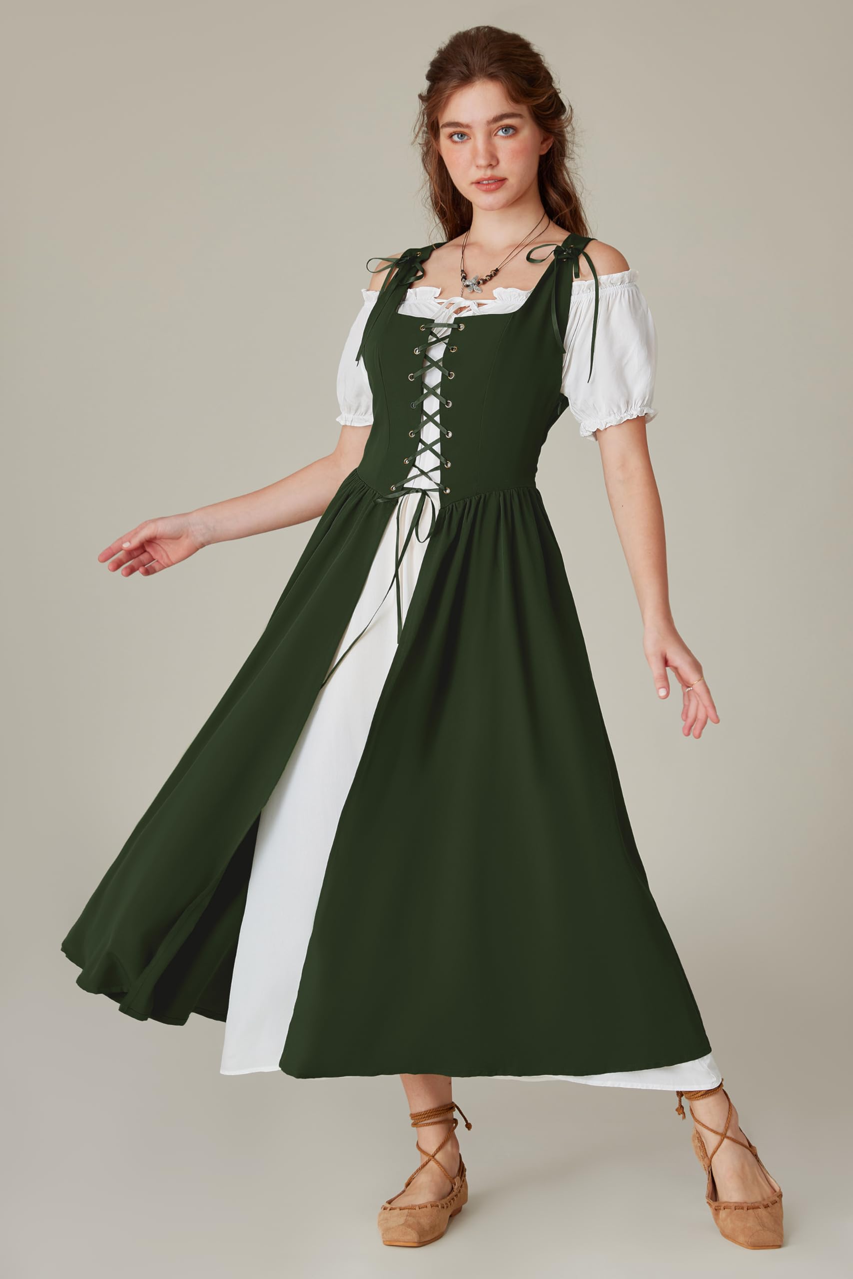 SCARLET DARKNESS Vestido largo renacentista para mujer, con hombros descubiertos, manga corta, con cordones, disfraz irlandés con vestido