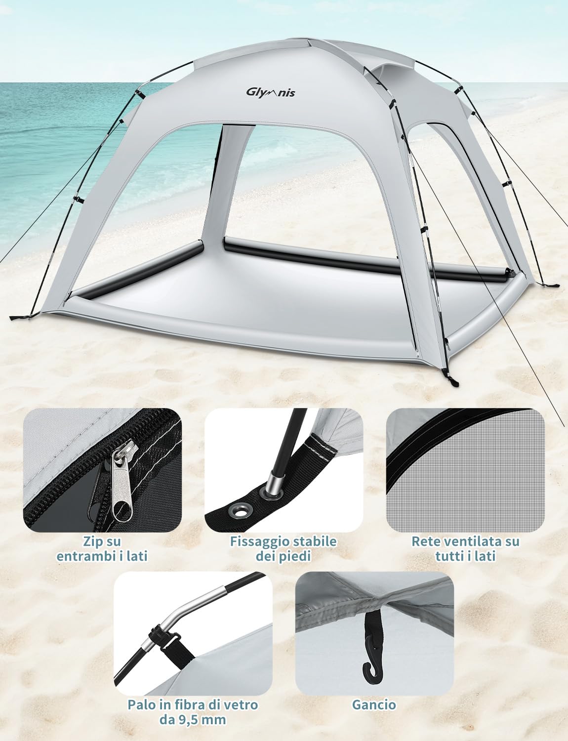 Glymnis Tenda da Spiaggia Grande Adatta a 3-4 Persone, Tenda da Spiaggia Portatile con Cerniera, Leggera Tenda Sole Spiaggia con Dimensioni di 220 x 180 x 125 cm, Facile da Montare, UPF 50+