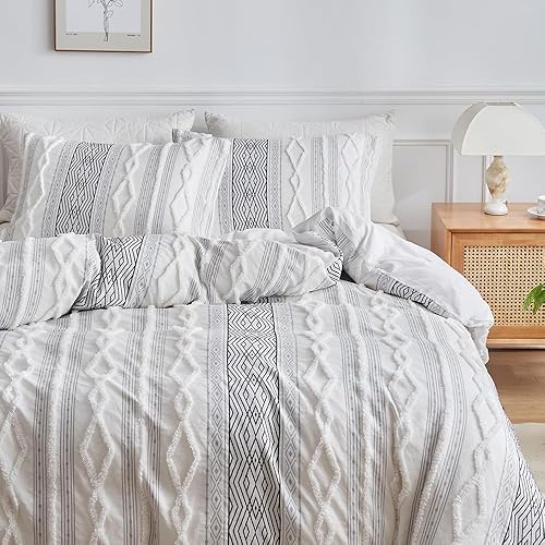 Miniatura 3 de VClife Juego de funda de edredón bohemia tamaño Queen, suave y transpirable, microfibra lavada, color blanco y gris, juego de ropa de cama de 3