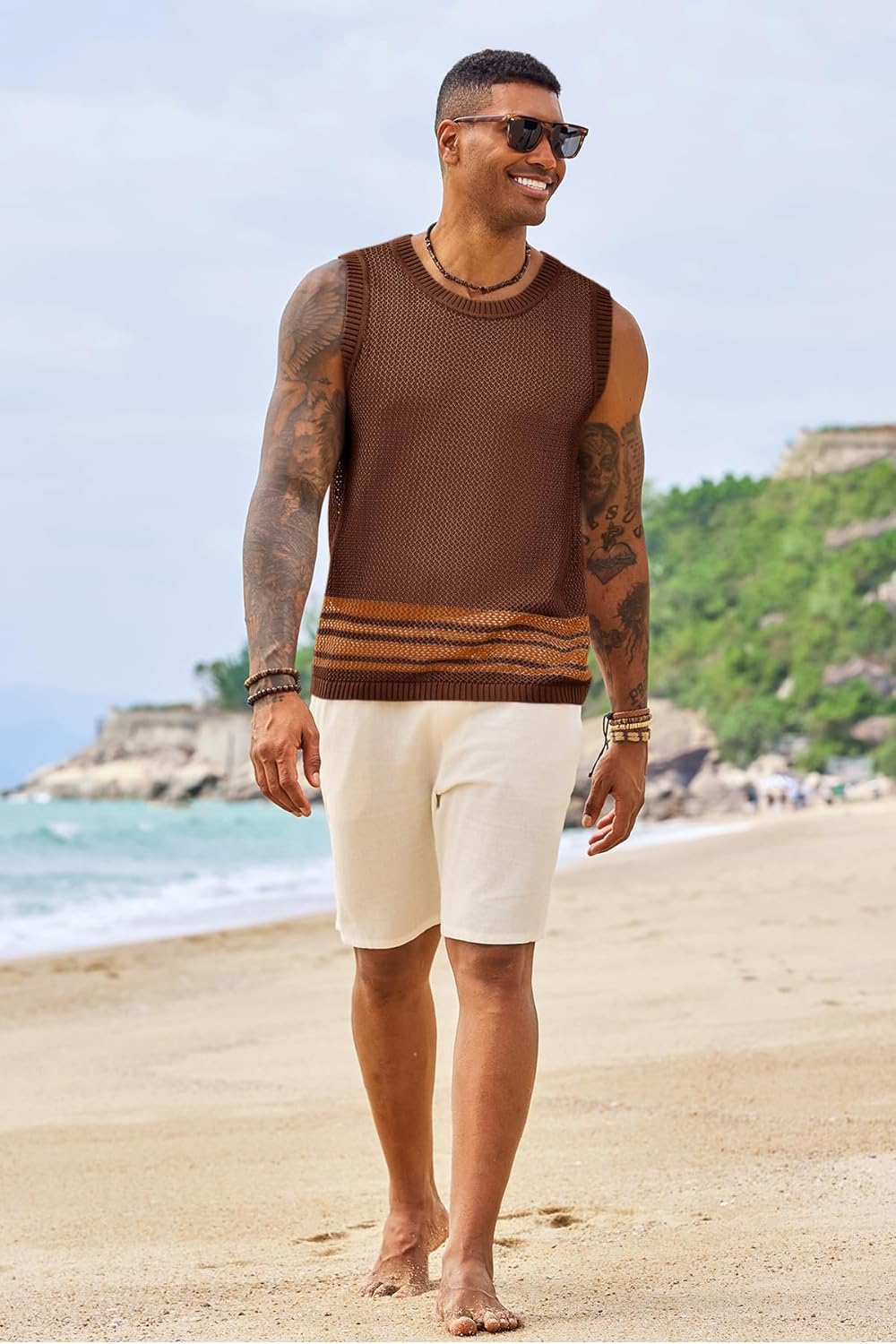 Runcati Mens Sleeveless Tank Tops Knitted Hollow Out Crochet T-Shirts Muscle Summer Beach Color Block Shirts - Image 5