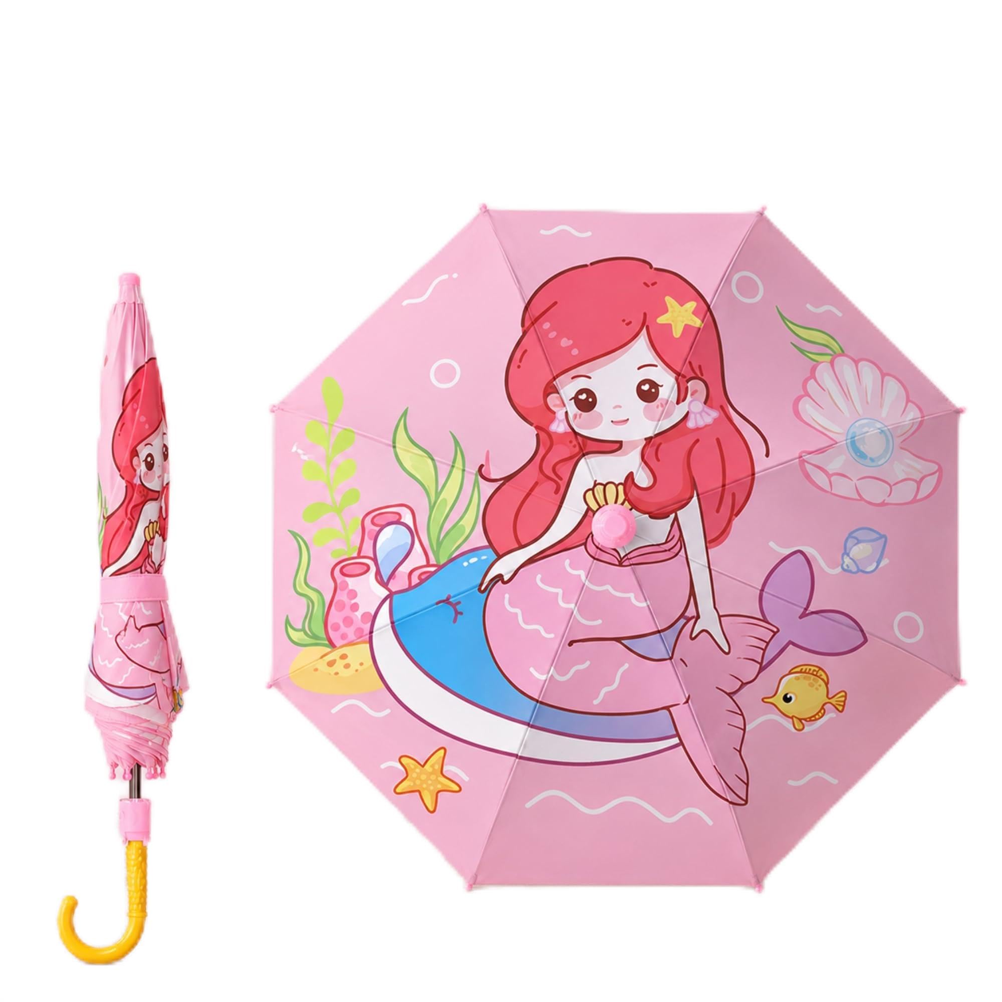 kraptick Kids Umbrella with Whistle & Rolling Wheel Tip | Space Astronaut Cartoon Print Rain Umbrella for Boys & Girls | Lightweight Windproof School Umbrella for Toddlers (The little mermaid)-picture-13
