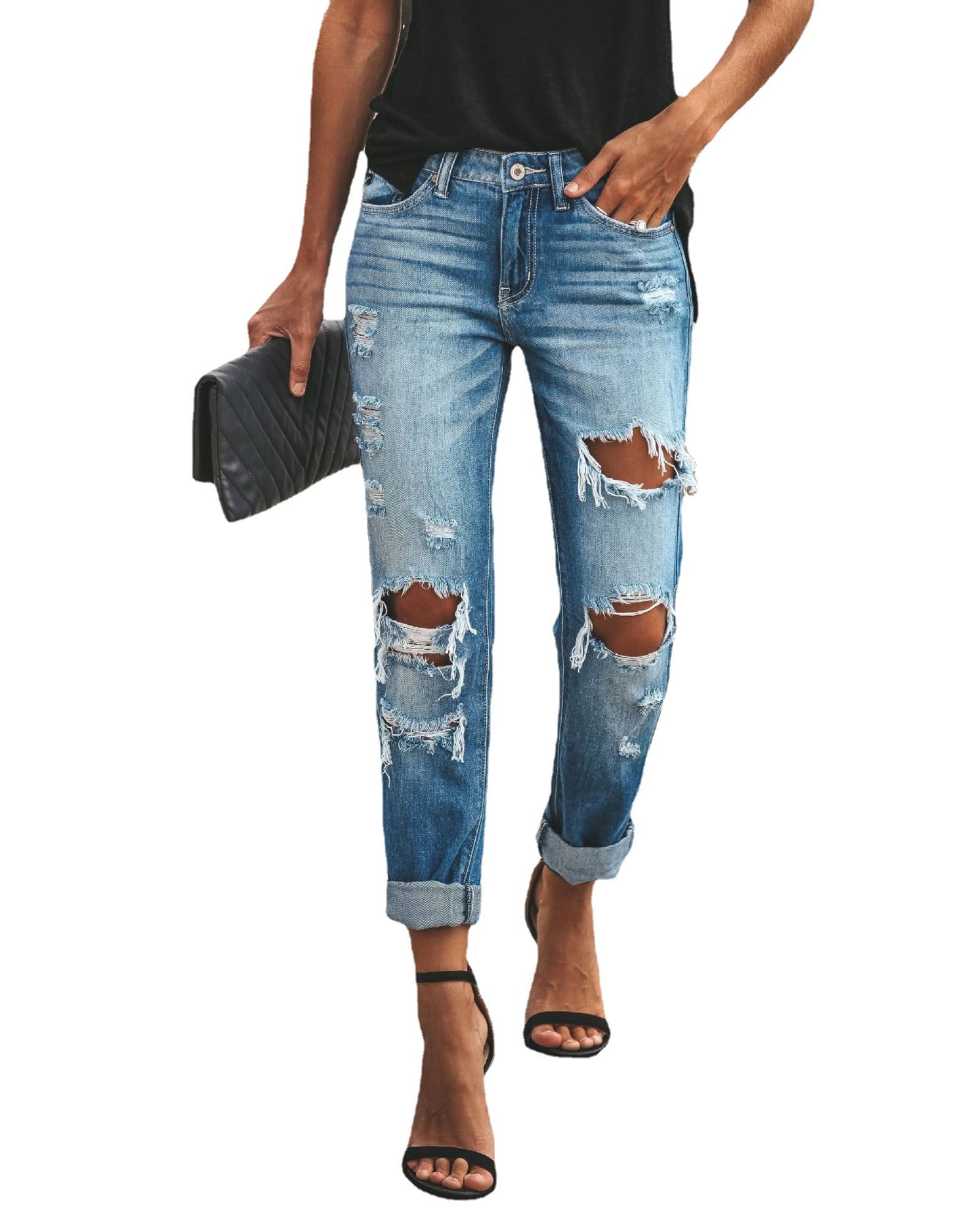 Tacstrun Women's Blue Mid Rise Boyfriend Jeans For Ripped Distressed Raw Hem Straight Leg Ankle Denim Pants,,Xxl