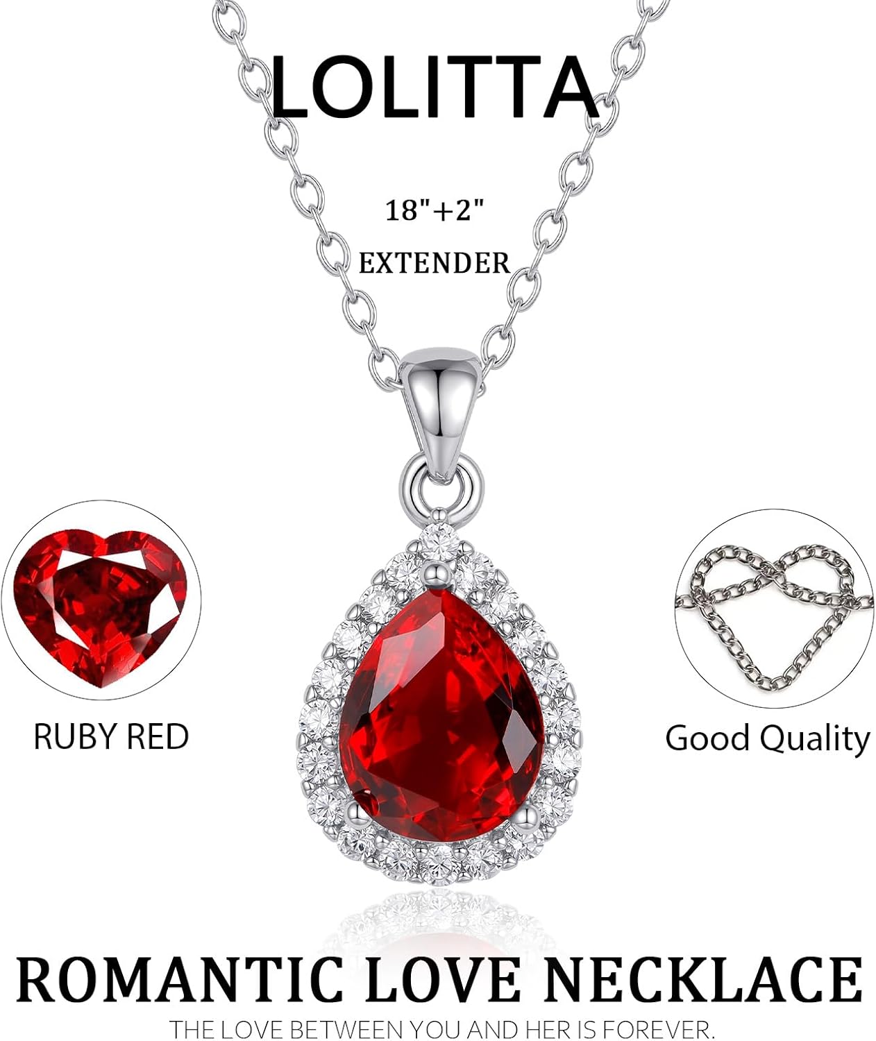 Lolitta Valentine's Day anniversary Birthday Gifts, Ruby Red Teardrop Pendant Necklaces For Women, 18K White Gold Plated 18+2 Inch Adjustable Chain, Dainty Jewelry Rose Gifts Set, For Women Mom Her - Image 2