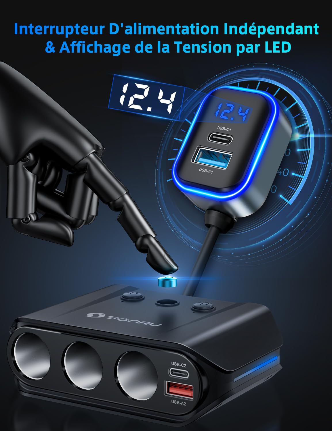 SONRU 7-en-1 Multi Prise Chargeur Allume Cigare, 180W【Dual PD & Quick Charge 3.0】 12V/24V Chargeur Voiture USB, Charge Rapide Chargeur, Affichage du Tension par LED pour Tablette/Phone/GPS