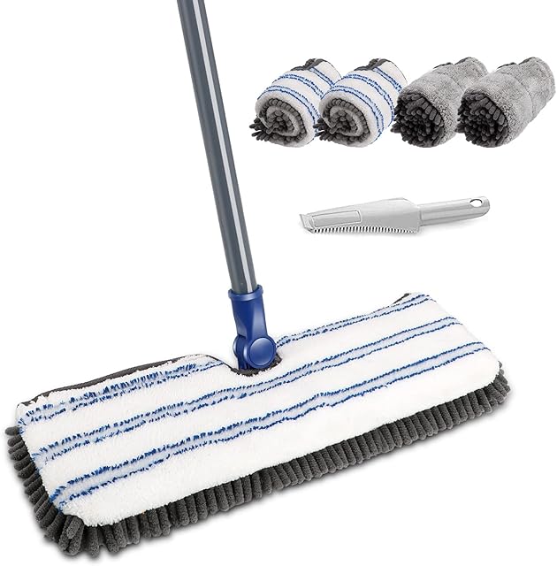 Masthome Flat Mop, Microfibre Mops with 4 Reusable Pads, Floor Dust Mops for Wet Dry Use, Suit for Cleaning Laminate Tile Hardwood Floors - Send Cleaning Scraper