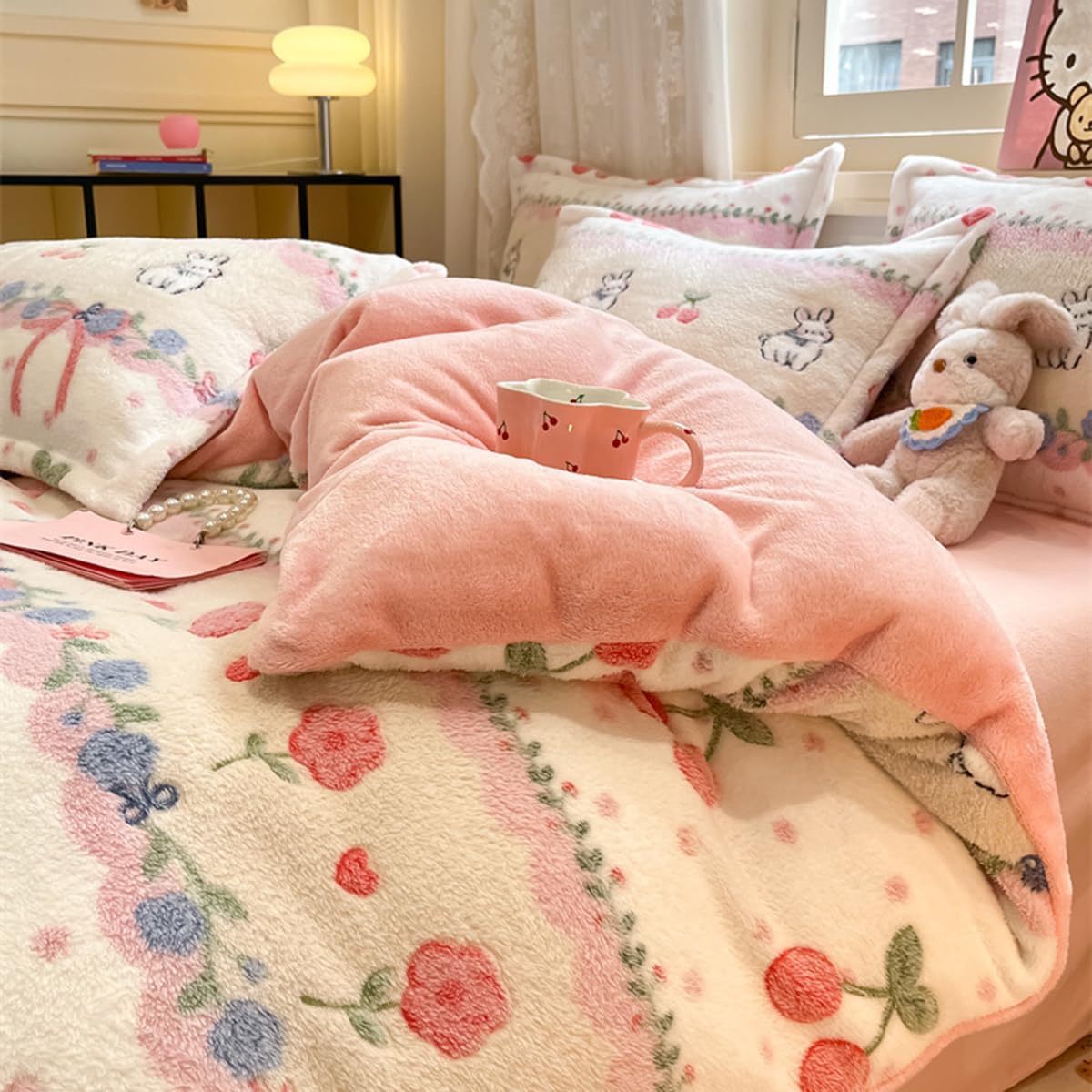 3Pcs Bedding Sets, Pink Cherry Rabbit Duvet Cover Queen, Aesthetic Comforter Covers Full Size, Ultra Fluffy Blanket Cute Kawaii Bed Set for Toddler Teen Kids Girls Women Cottage Core Decor